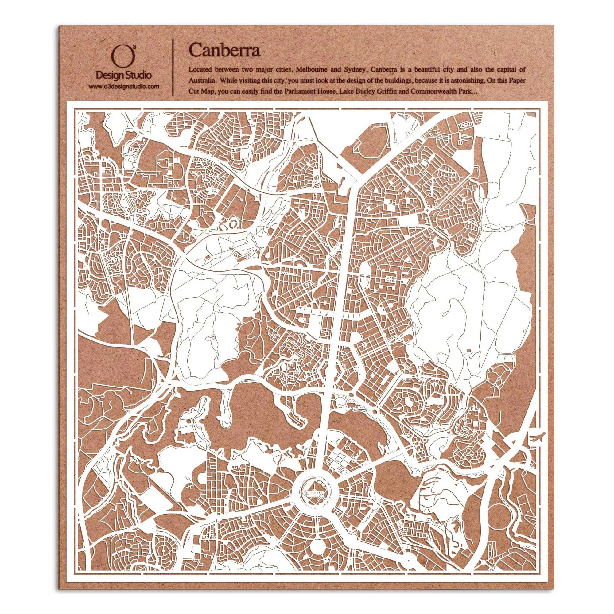 o3designstudio paper cut map Canberra White map art MU1013W