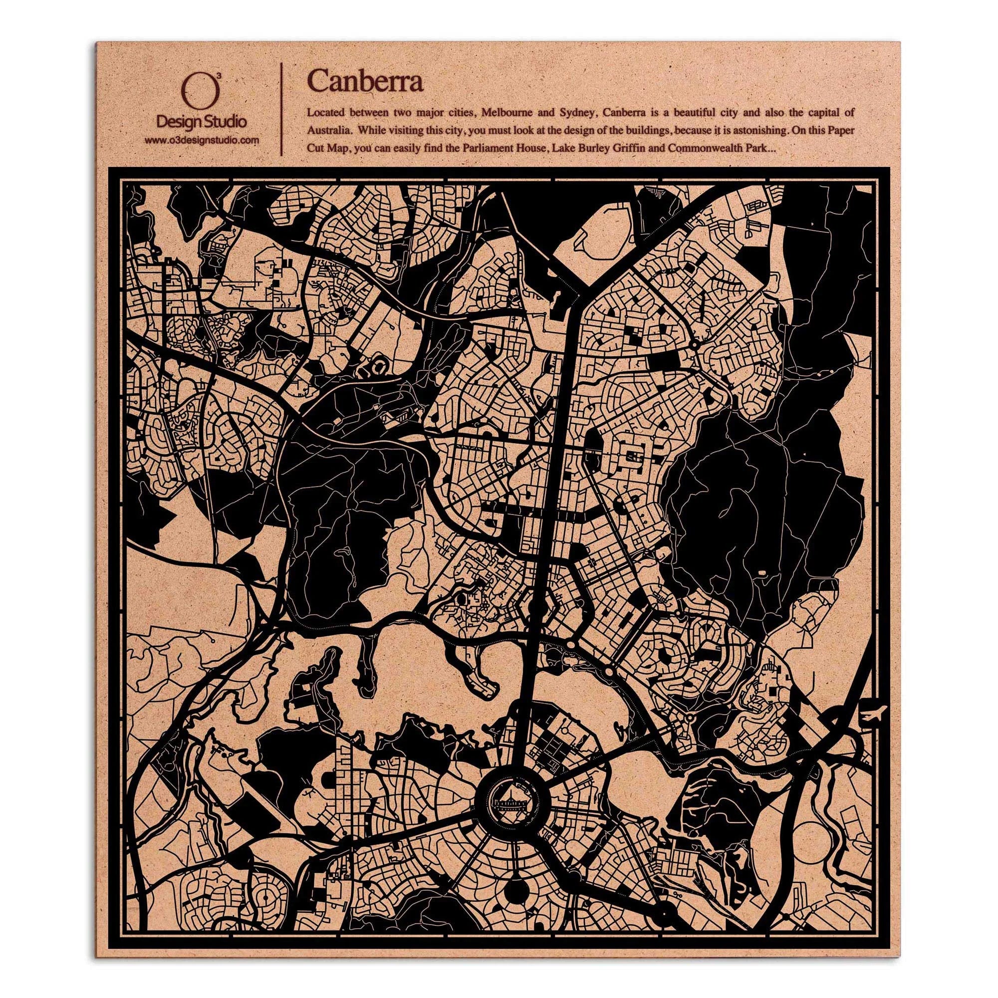 o3designstudio paper cut map Canberra Black map art MU1013B