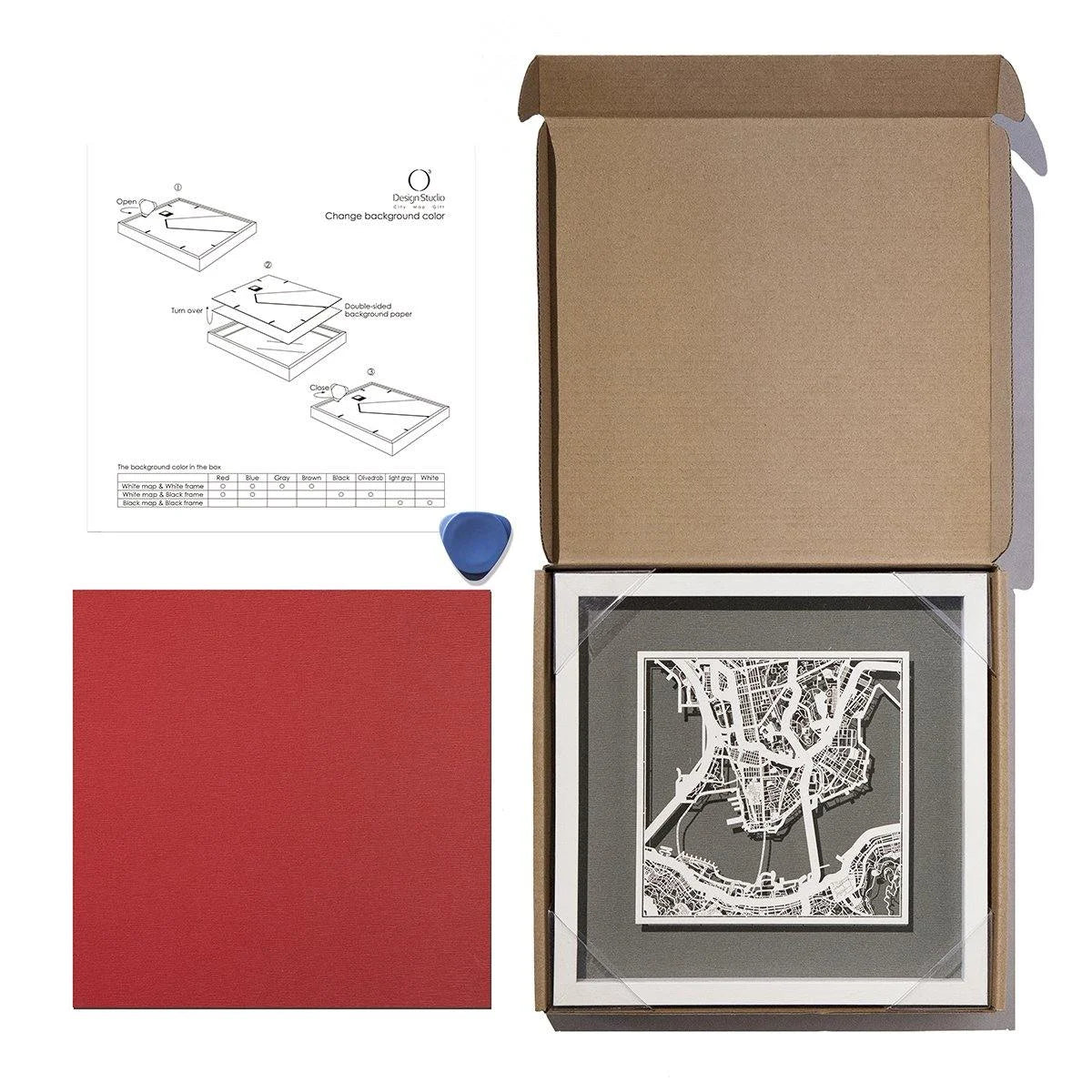 o3designstudio Paper cut map framed 9 in White map White frame map art package 