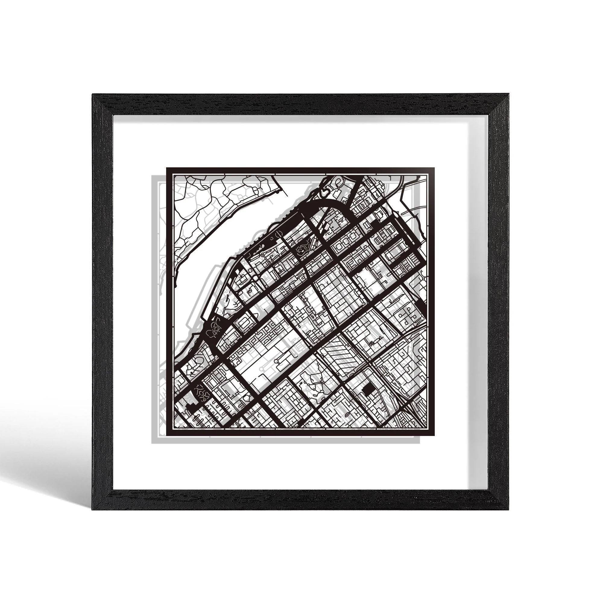o3designstudio Abu Dhabi Paper cut map framed 9 inch Black map Black frame map art 22MF1019BB