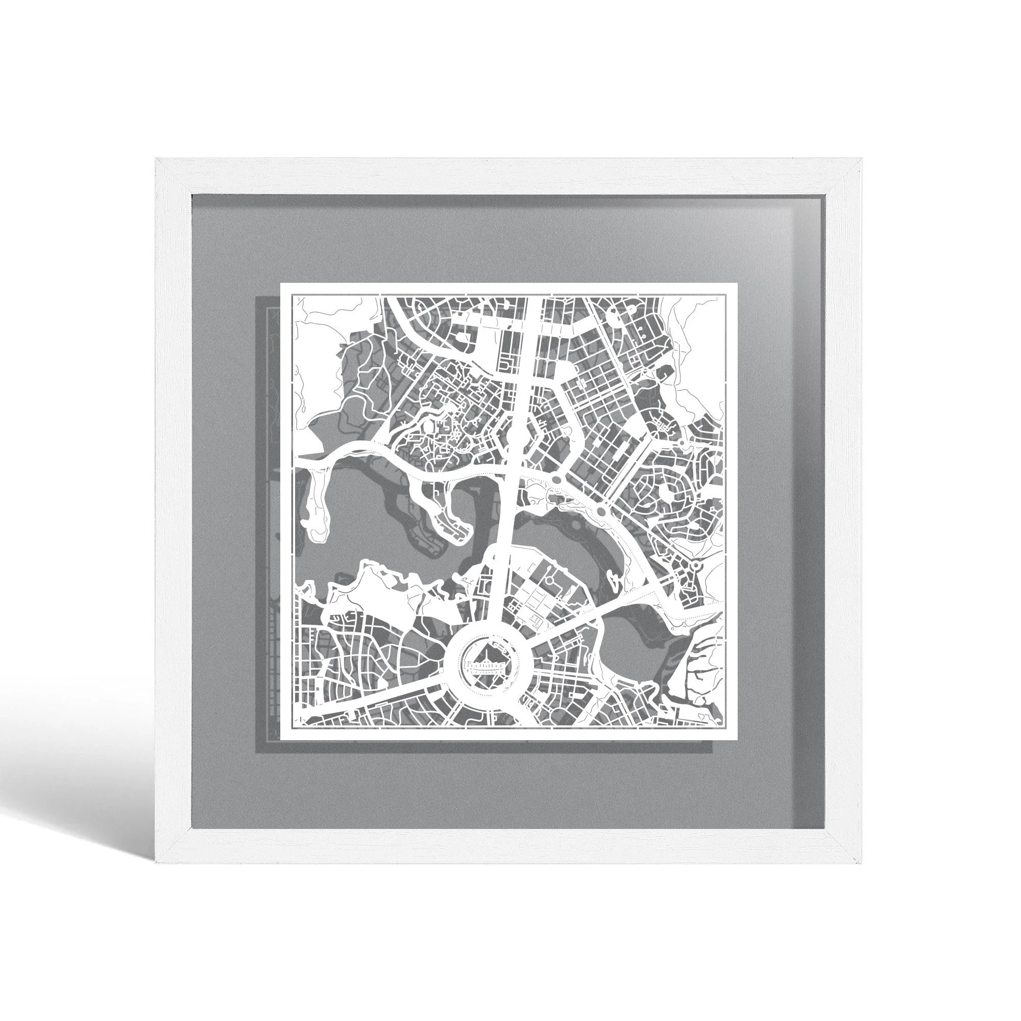o3designstudio Canberra Paper cut map framed 9 inch White map White frame map art 22MF1013WW