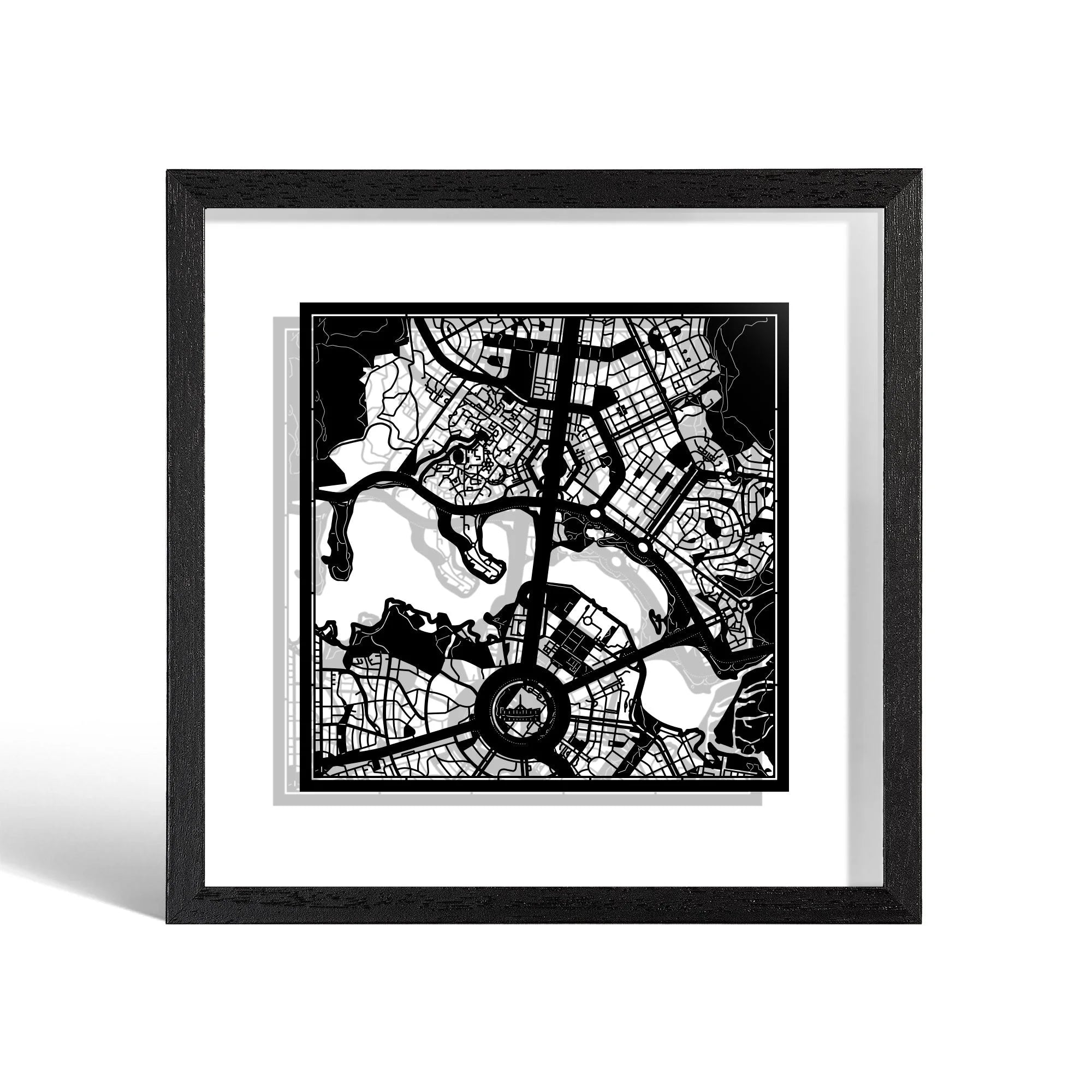 o3designstudio Canberra Paper cut map framed 9 inch Black map Black frame map art 22MF1013BB
