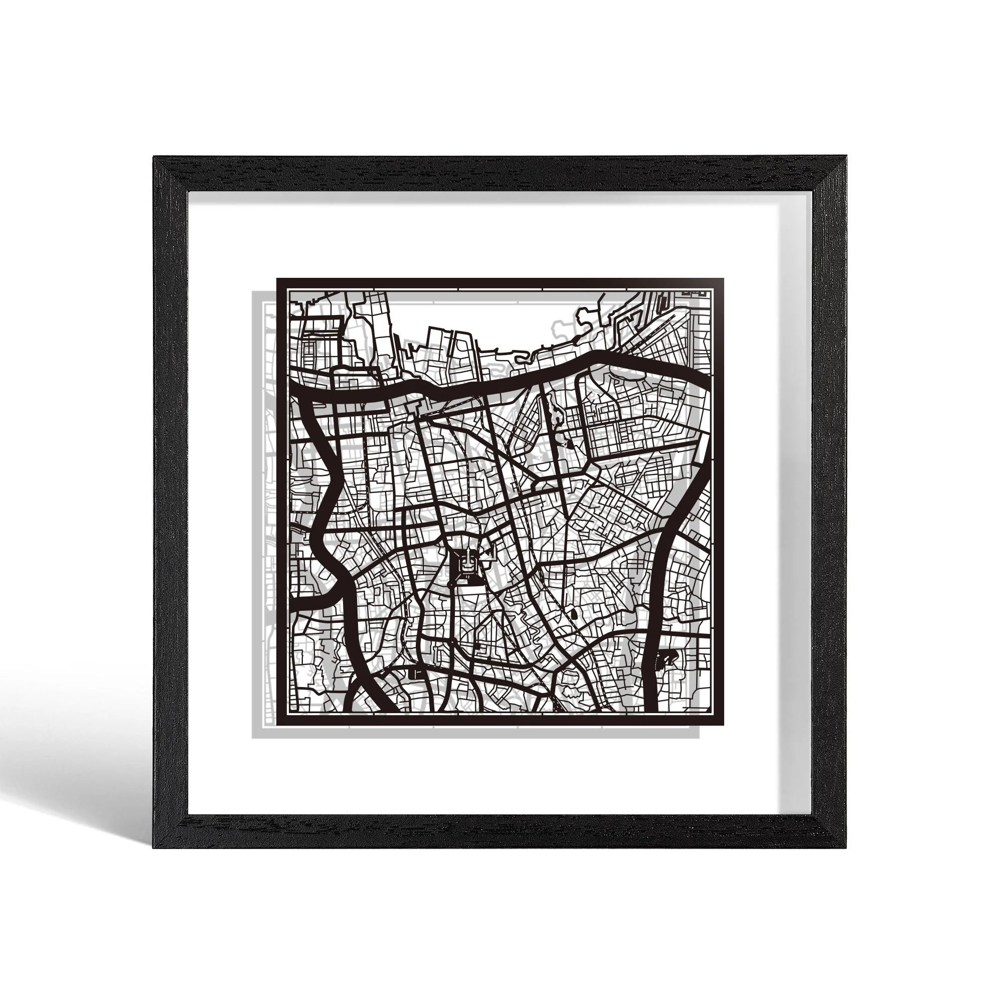 o3designstudio Jakarta Paper cut map framed 9 inch Black map Black frame map art 22MF1018BB