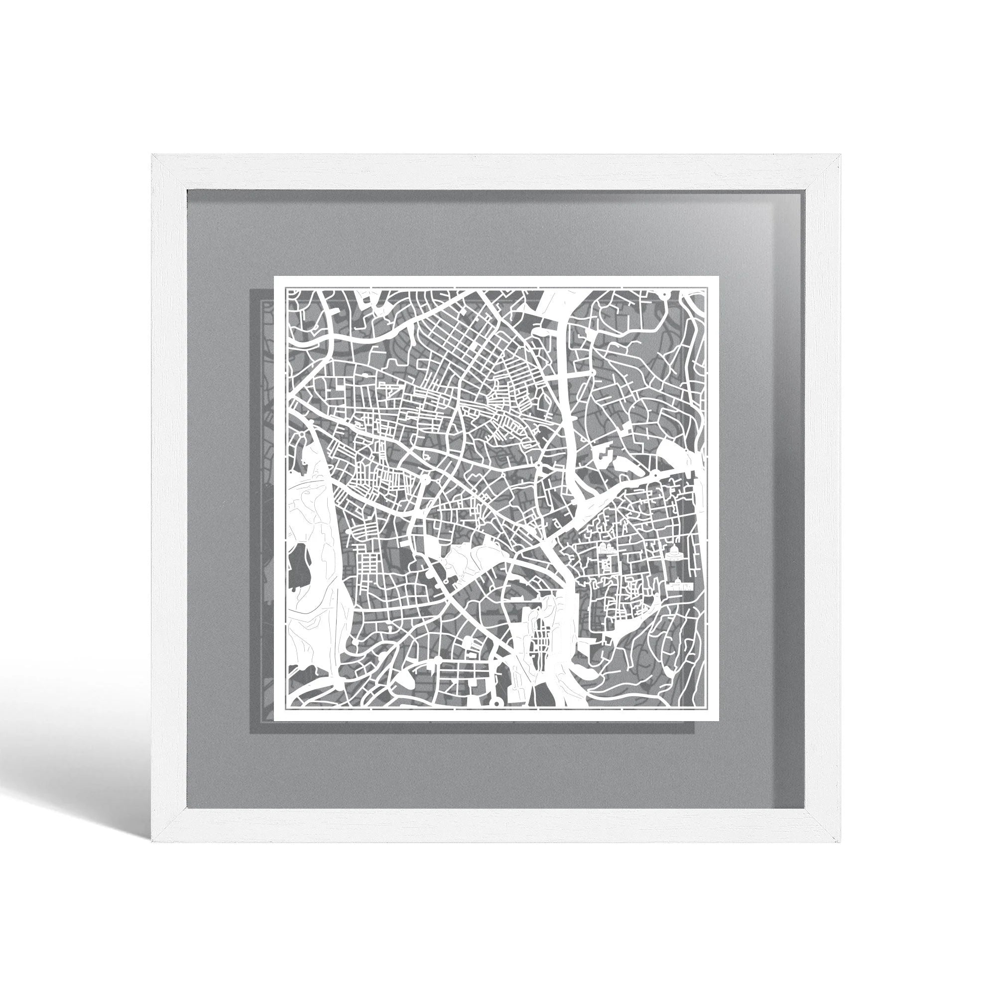 o3designstudio Jerusalem Paper cut map framed 9 inch White map White frame map art 22MF1016WW