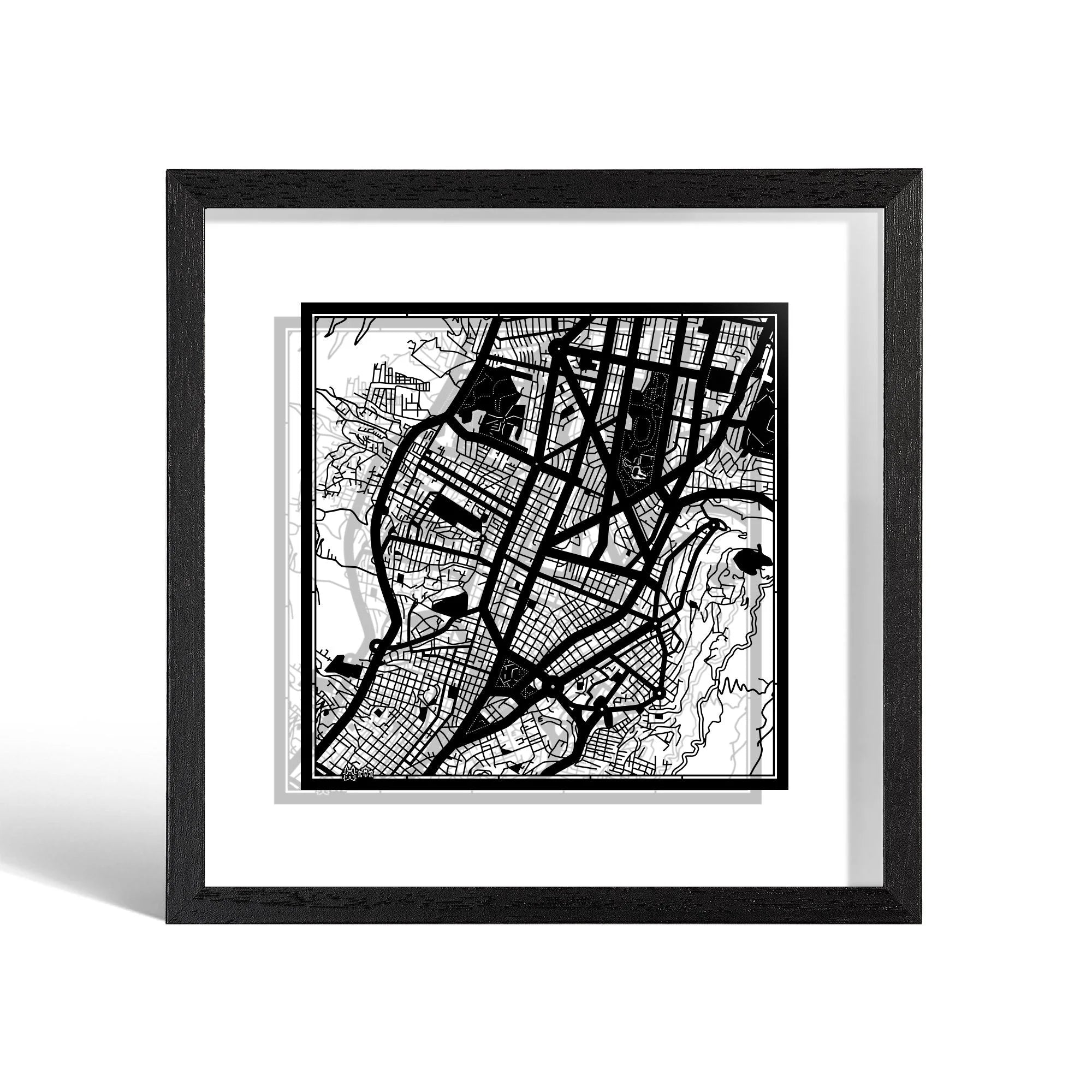 o3designstudio Quito Paper cut map framed 9 inch Black map Black frame map art 22MF2309BB