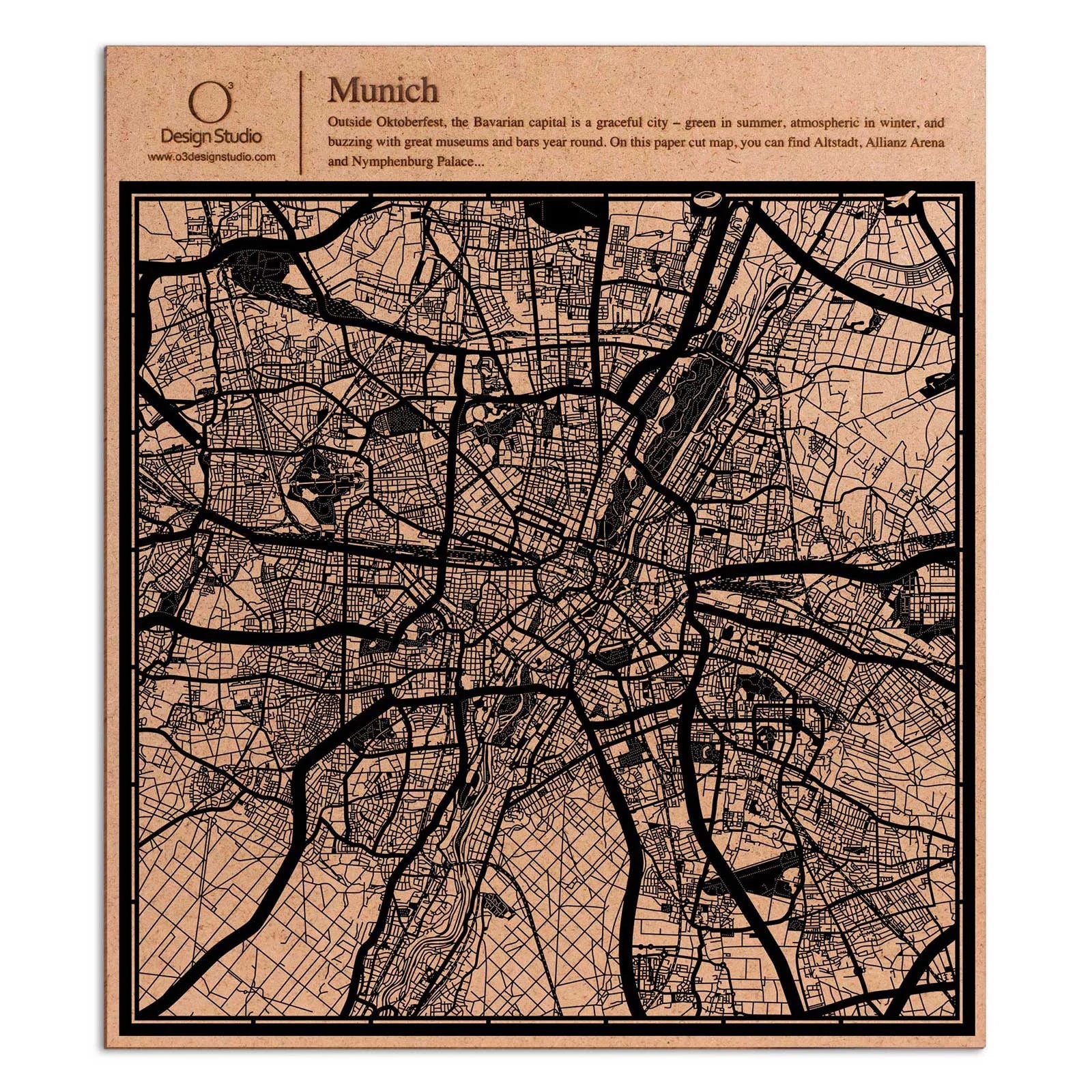 o3designstudio paper cut map Munich Black map art MU3017B