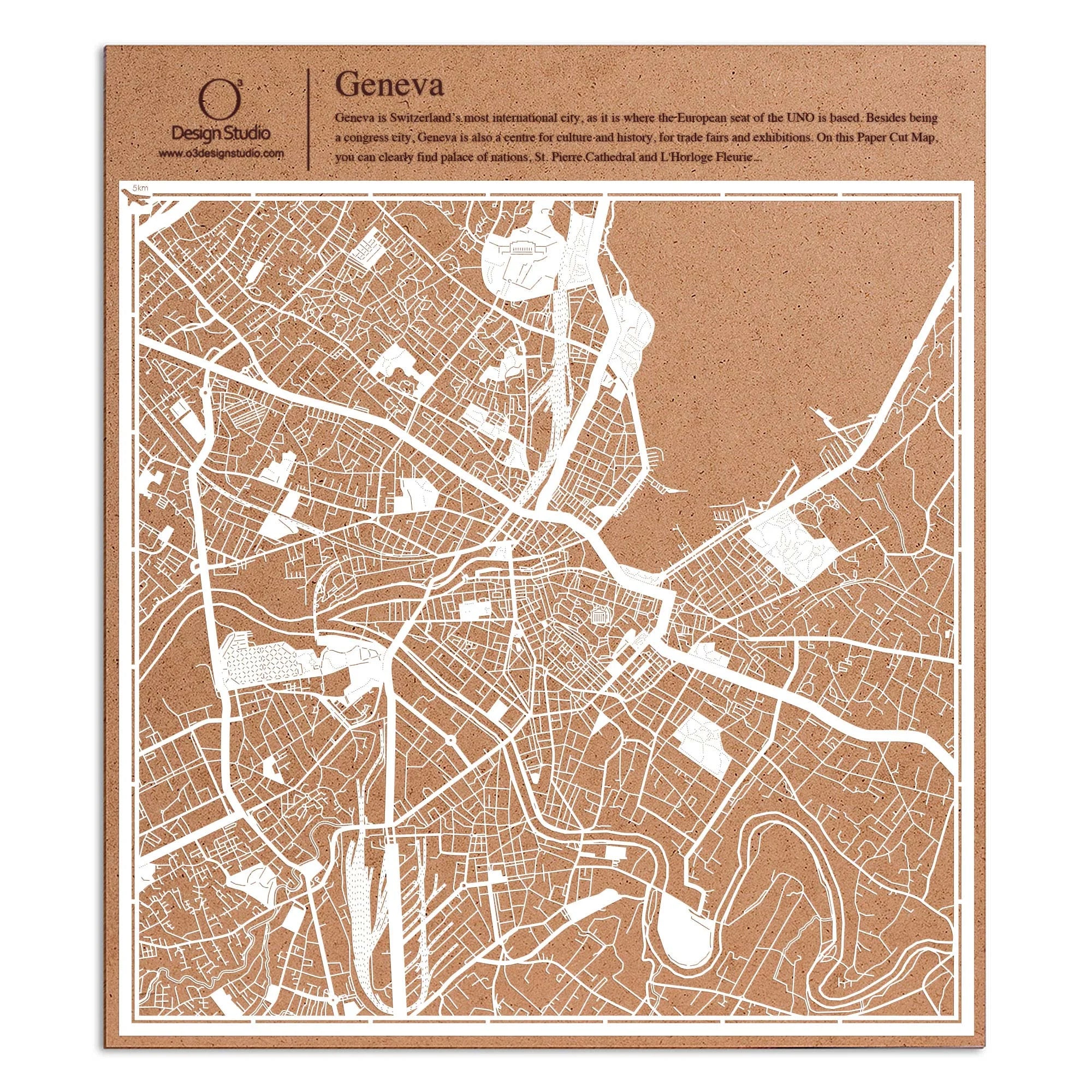 o3designstudio paper cut map Geneva White map art MU3059W