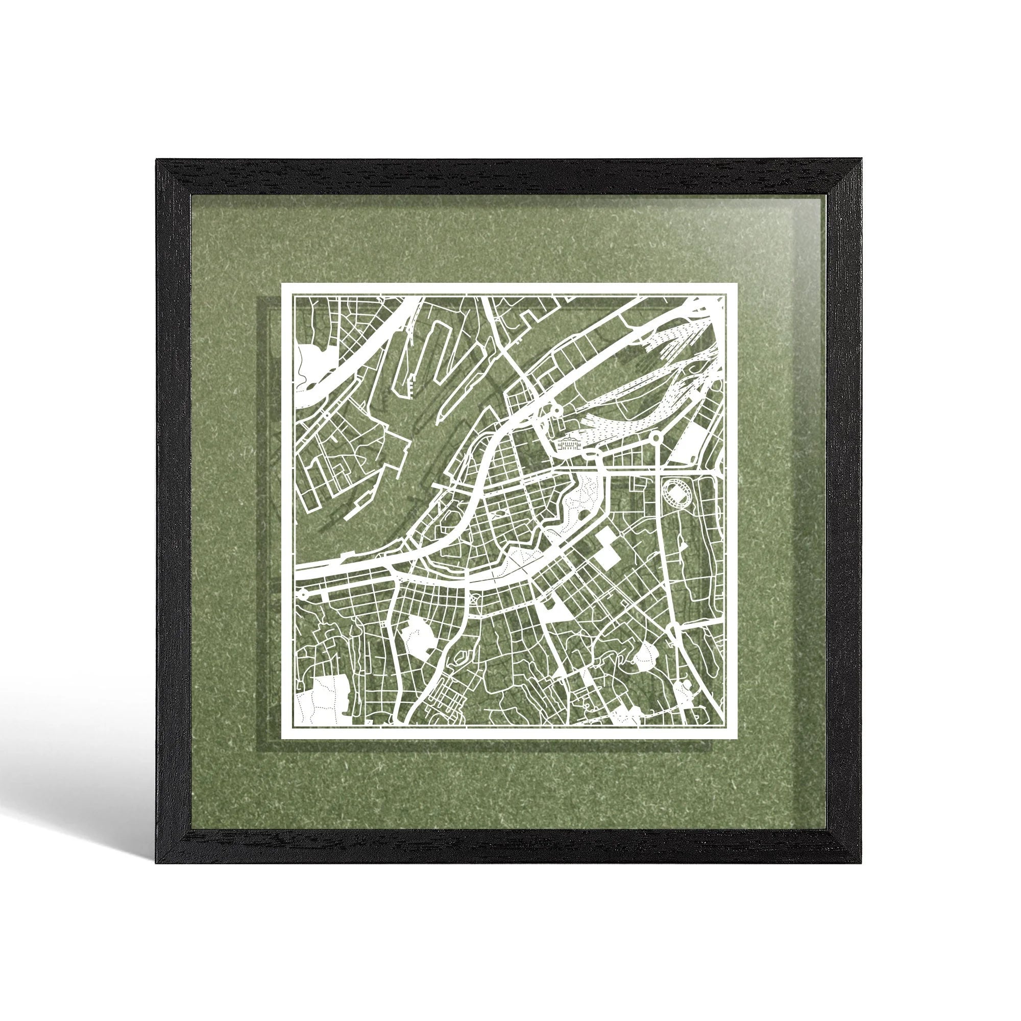 o3designstudio Goteborg Paper cut map framed 9 inch White map Black frame map art 22MF3021BW