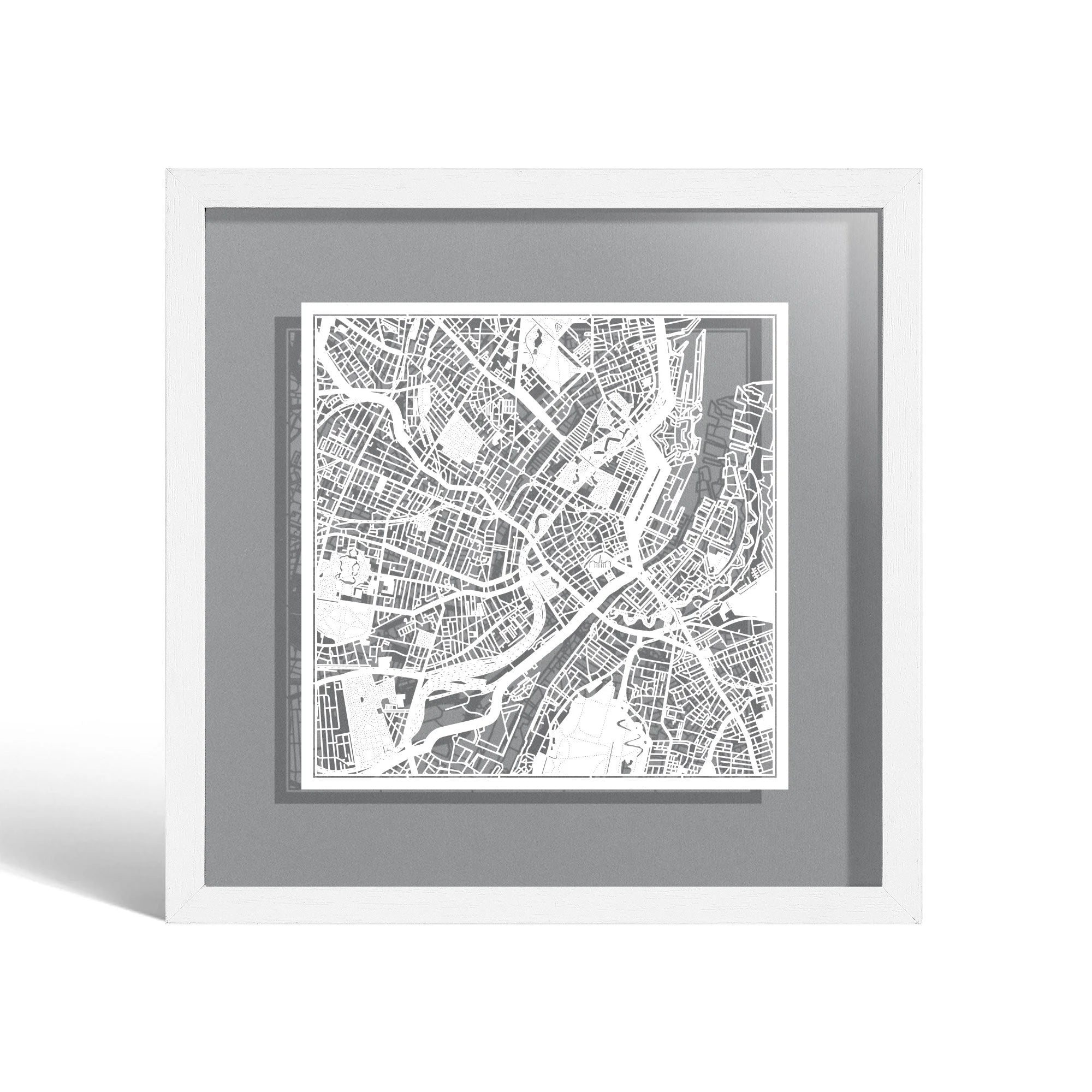 o3designstudio Copenhagen Paper cut map framed 9 inch White map White frame map art 22MF3015WW