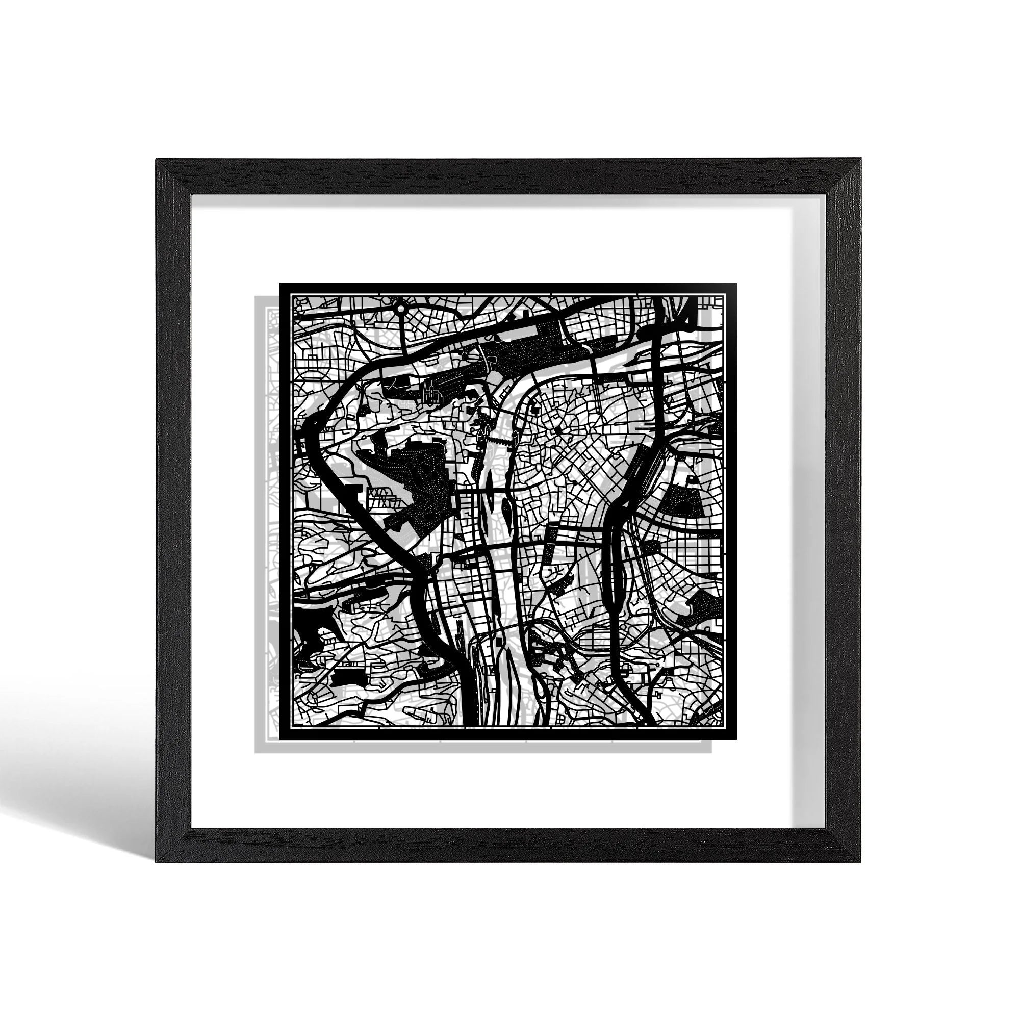 o3designstudio Prague Paper cut map framed 9 inch Black map Black frame map art 22MF3013BB