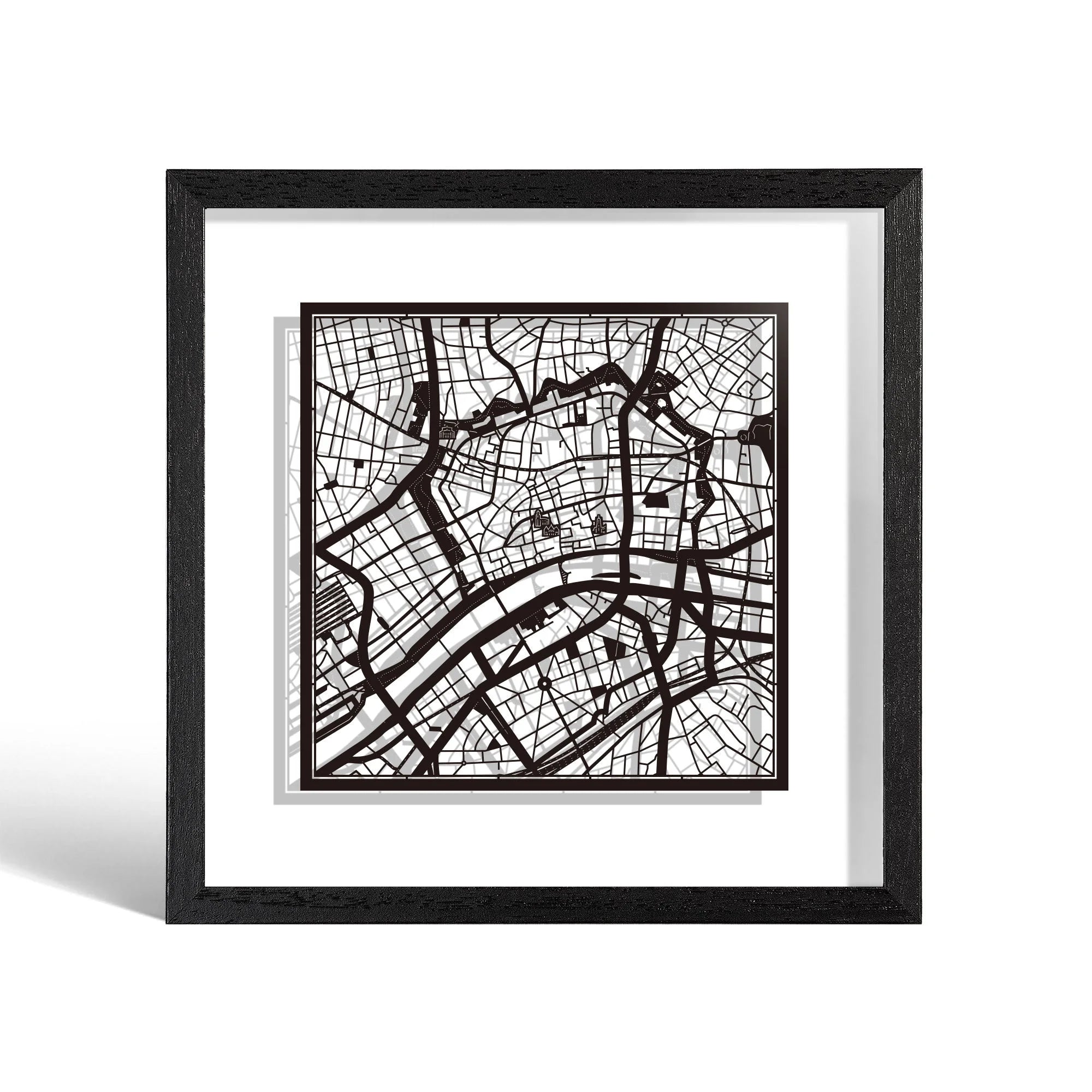 o3designstudio Frankfurt am Main Paper cut map framed 9 inch Black map Black frame map art 22MF3031BB