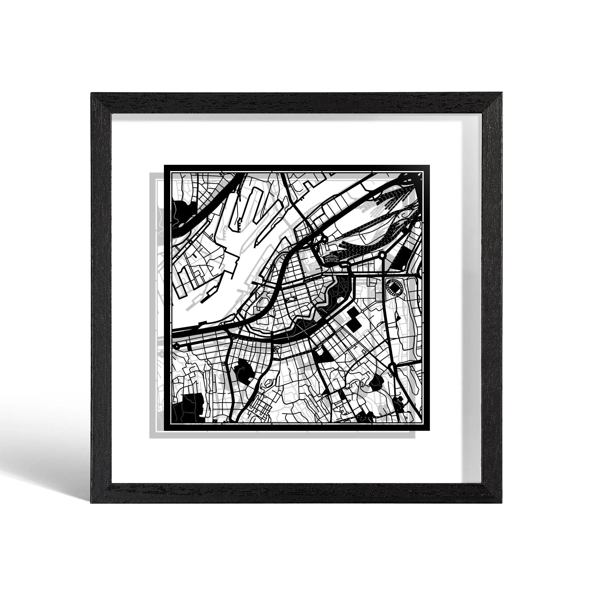 o3designstudio Goteborg Paper cut map framed 9 inch Black map Black frame map art 22MF3021BB