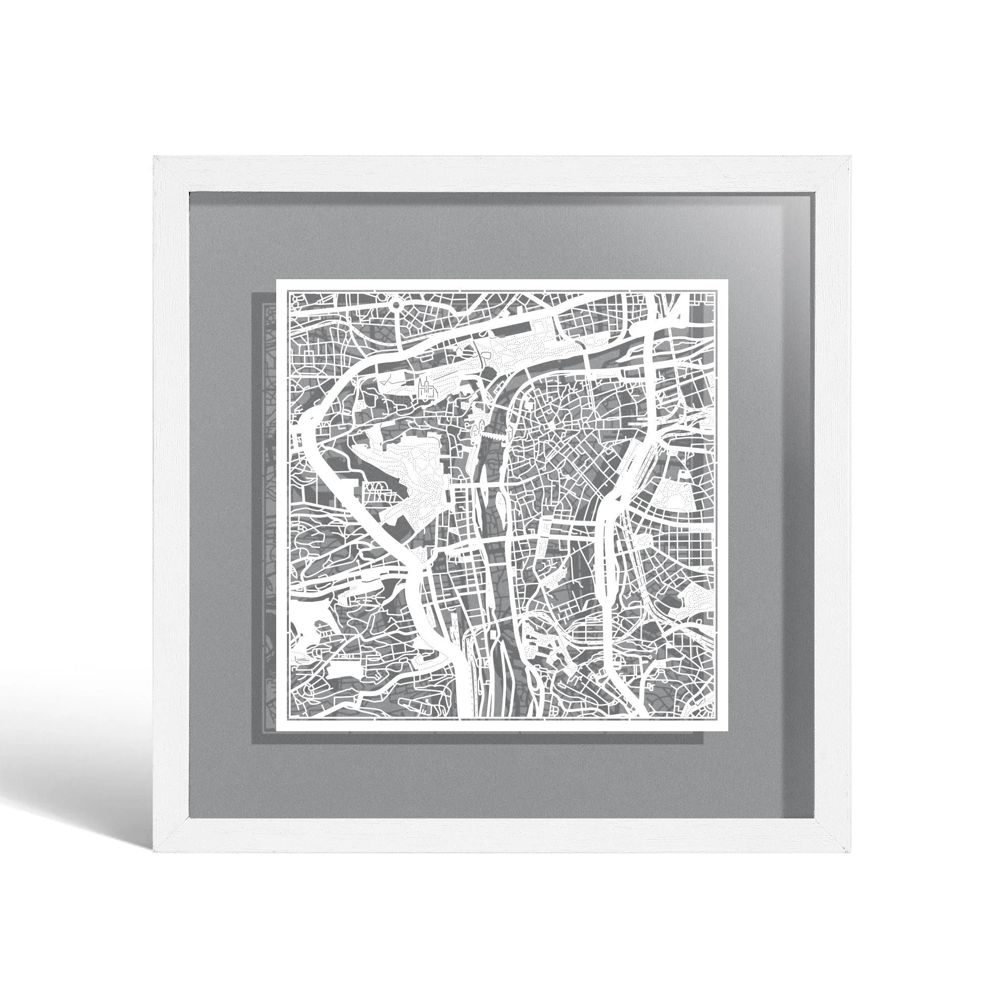 o3designstudio Prague Paper cut map framed 9 inch White map White frame map art 22MF3013WW