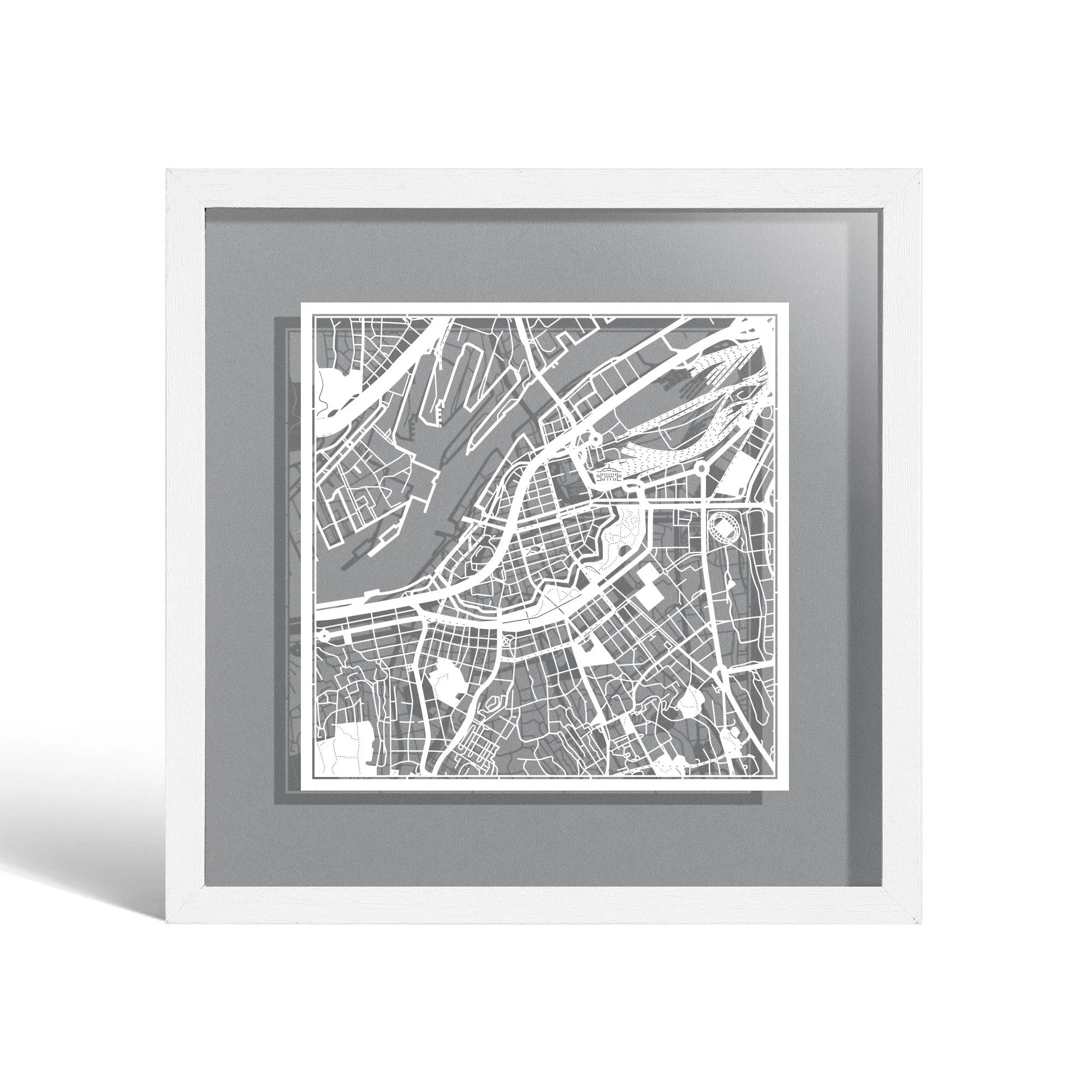 o3designstudio Goteborg Paper cut map framed 9 inch White map White frame map art 22MF3021WW