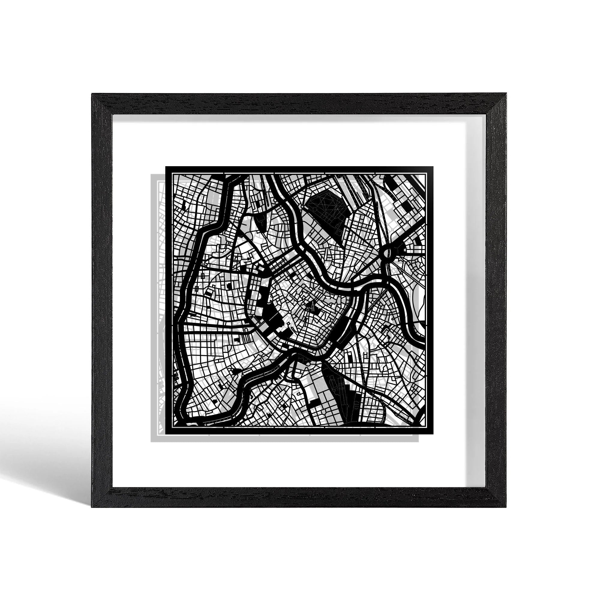 o3designstudio Vienna Paper cut map framed 9 inch Black map Black frame map art 22MF3006BB