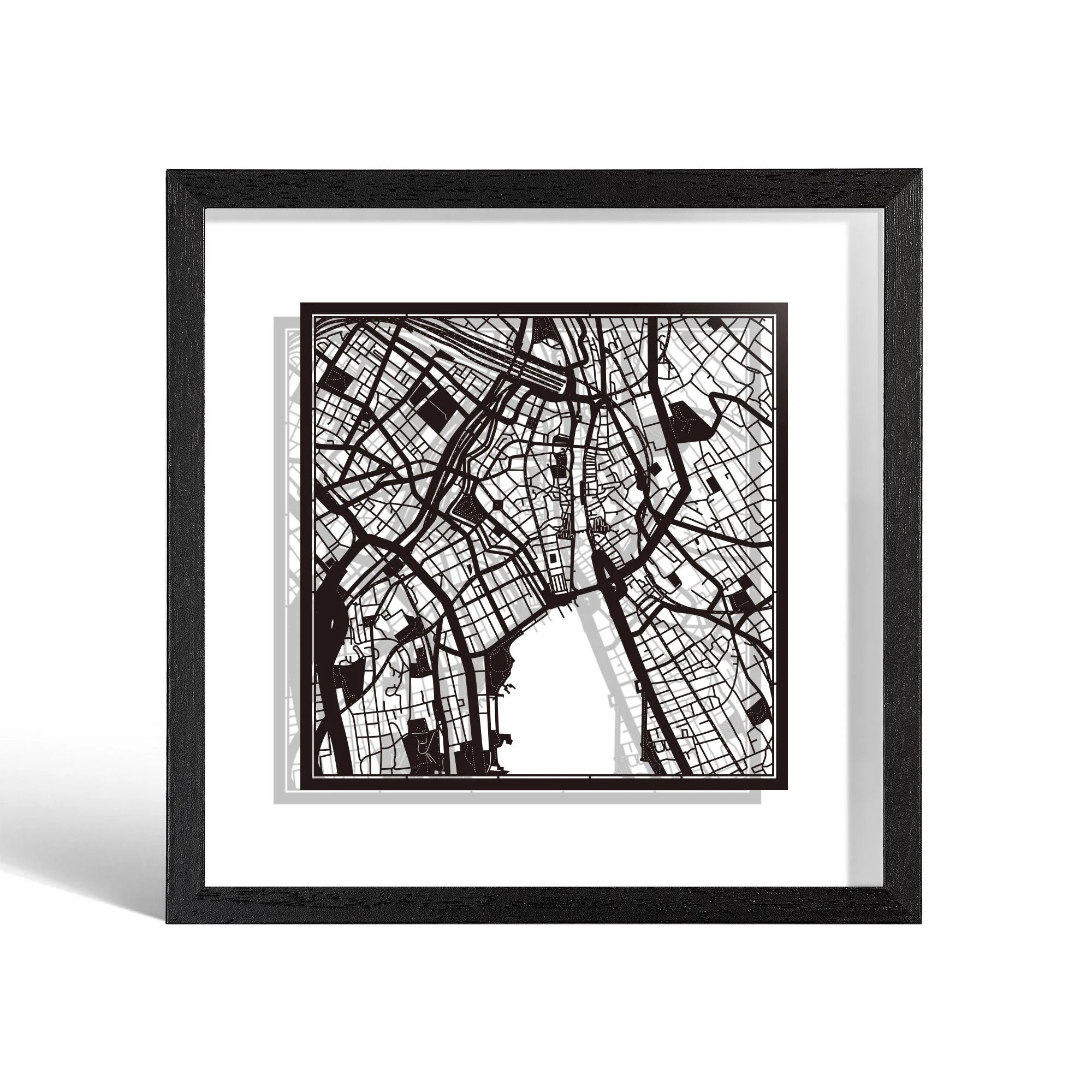 o3designstudio Zurich Paper cut map framed 9 inch Black map Black frame map art 22MF3020BB