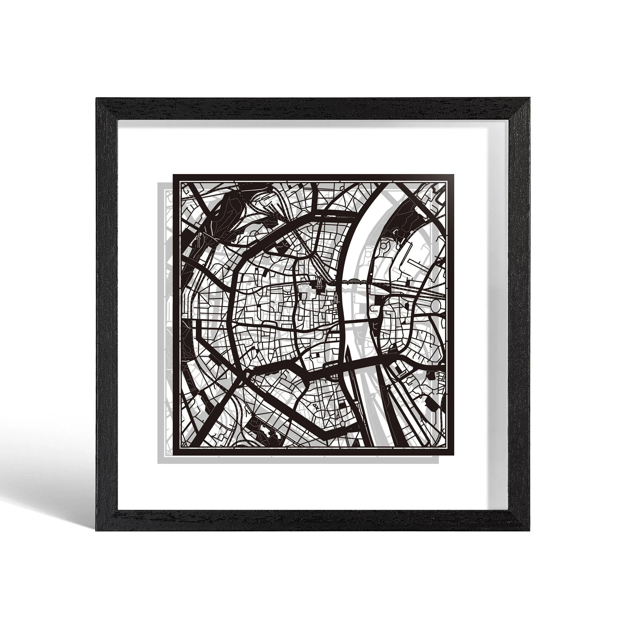 o3designstudio Cologne Paper cut map framed 9 inch Black map Black frame map art 22MF3037BB