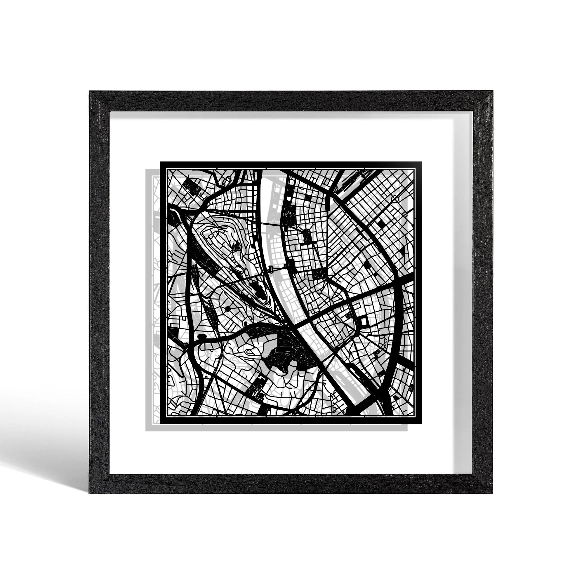 o3designstudio Budapest Paper cut map framed 9 inch Black map Black frame map art 22MF3016BB