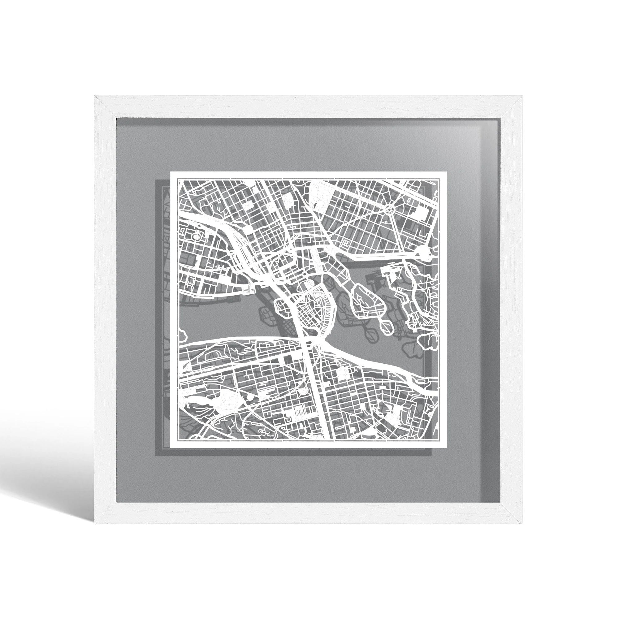 o3designstudio Stockholm Paper cut map framed 9 inch White map White frame map art 22MF3018WW