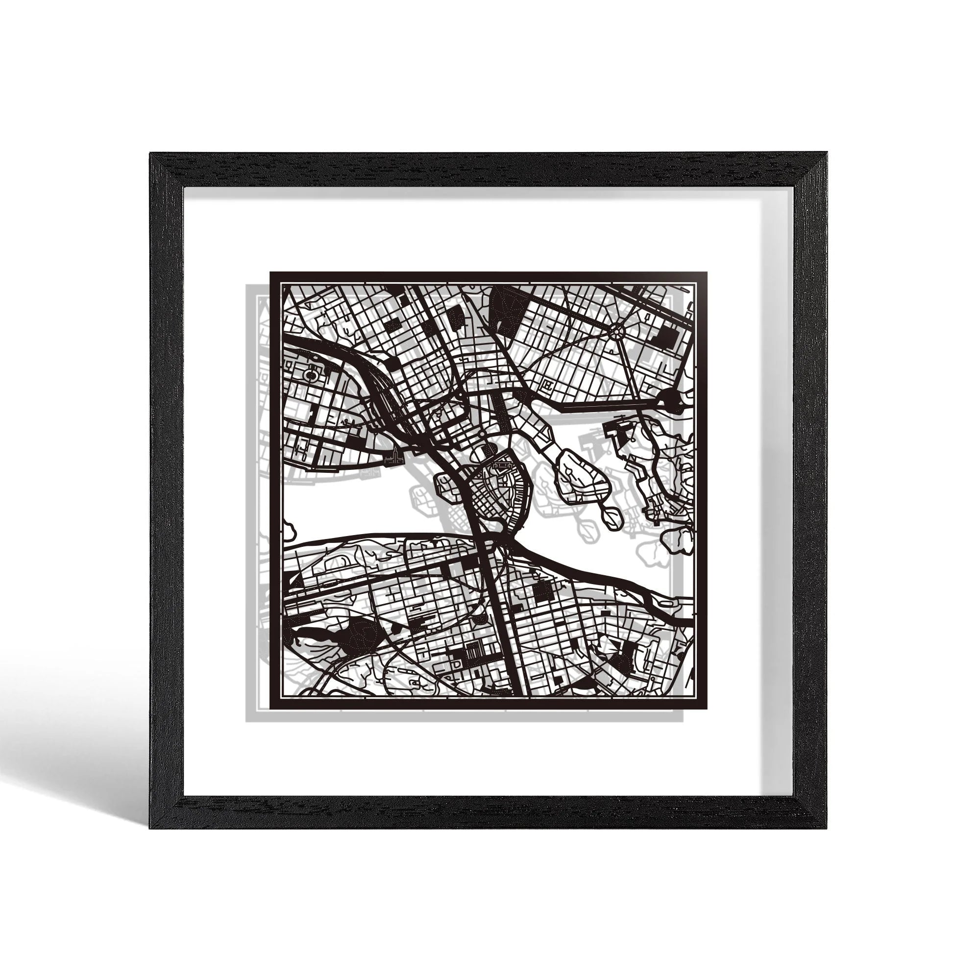 o3designstudio Stockholm Paper cut map framed 9 inch Black map Black frame map art 22MF3018BB