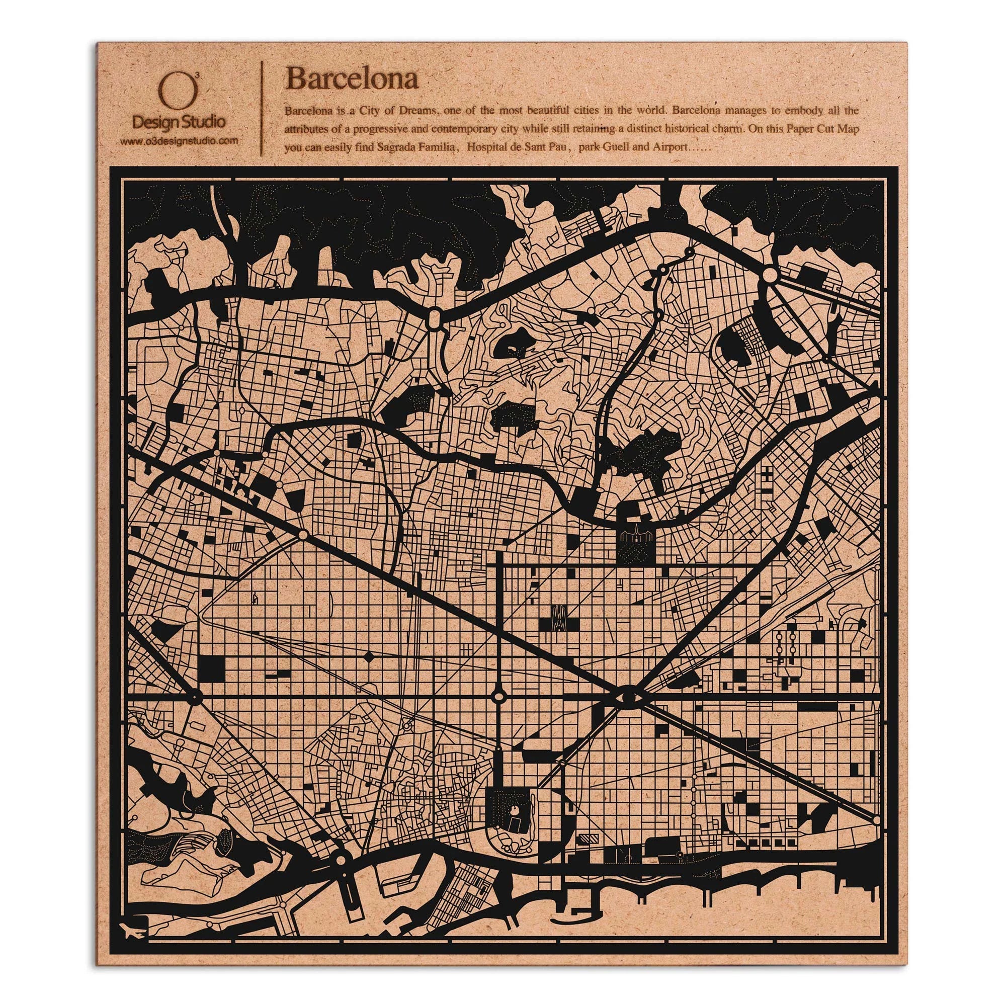 o3designstudio paper cut map Barcelona Black map art MU3005B