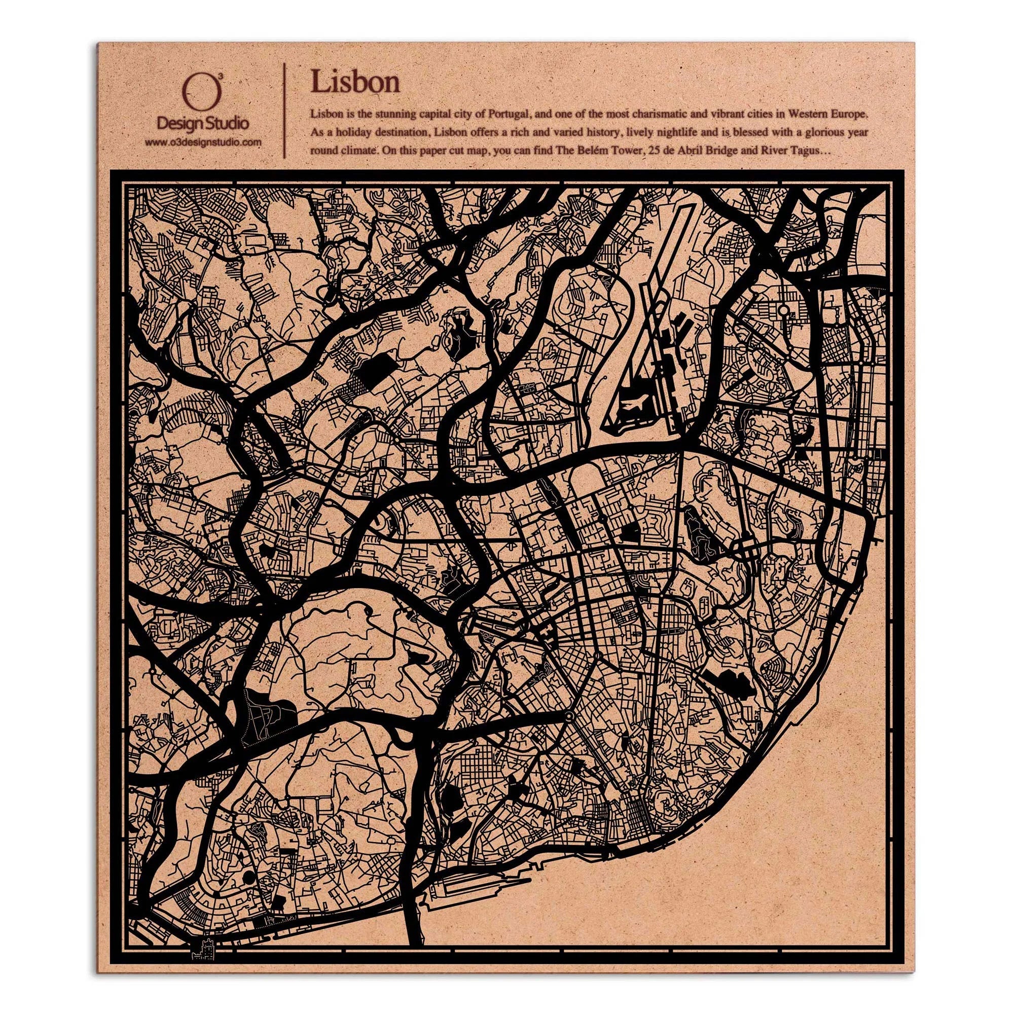 o3designstudio paper cut map Lisbon Black map art MU3028B