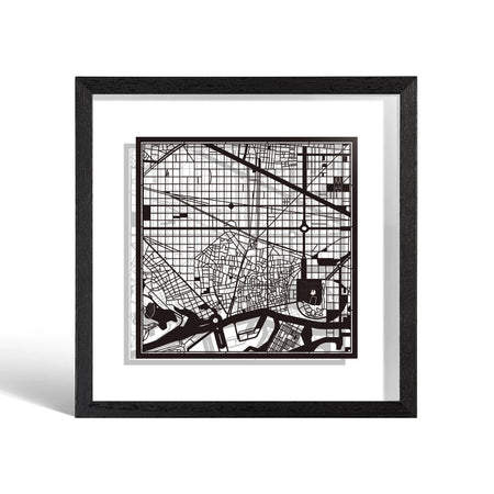 o3designstudio Barcelona Paper cut map framed 9 inch Black map Black frame map art 22MF3005BB