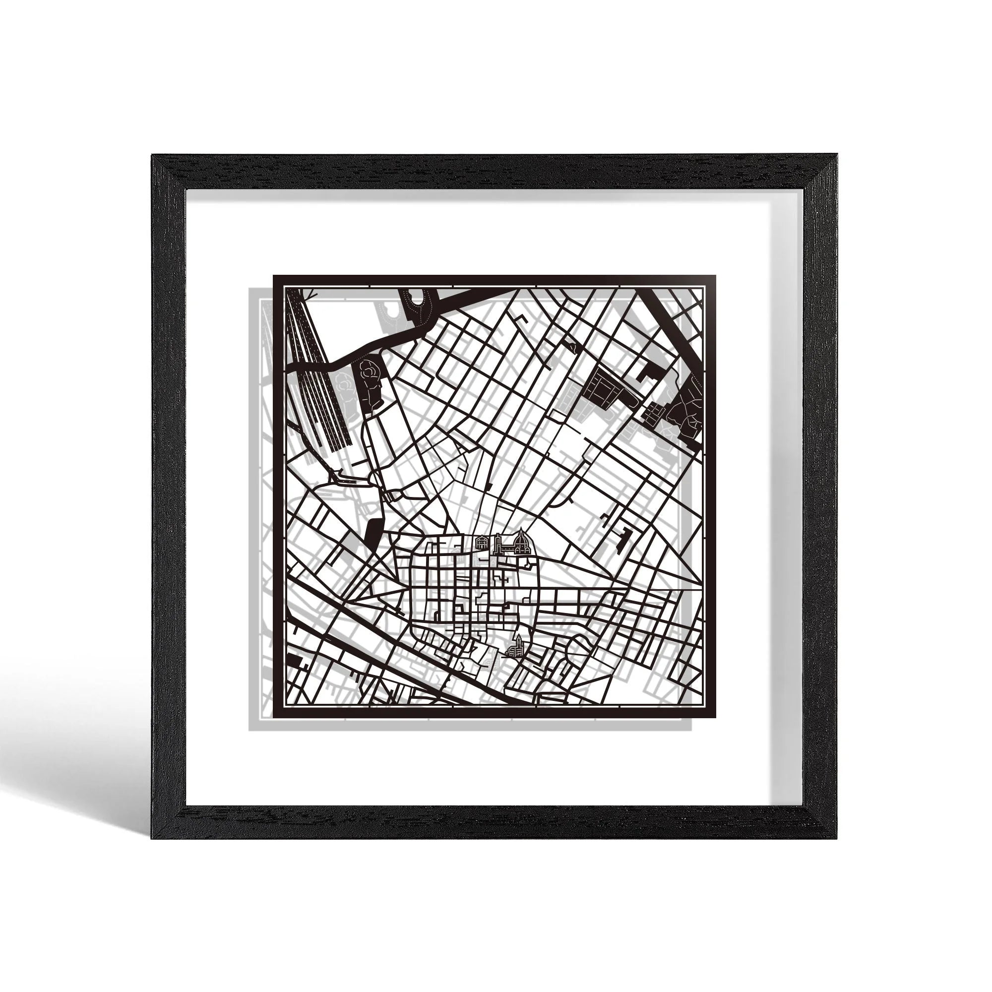o3designstudio Firenze Paper cut map framed 9 inch Black map Black frame map art 22MF3040BB