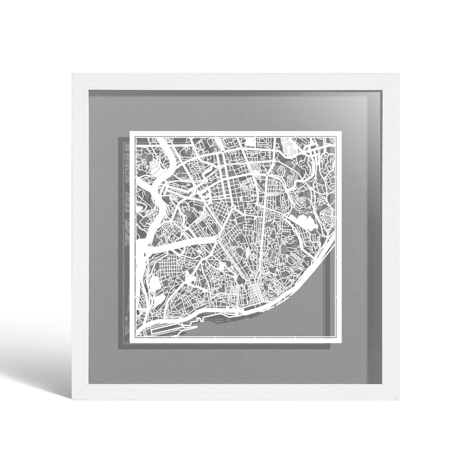 o3designstudio Lisbon Paper cut map framed 9 inch White map White frame map art 22MF3028WW
