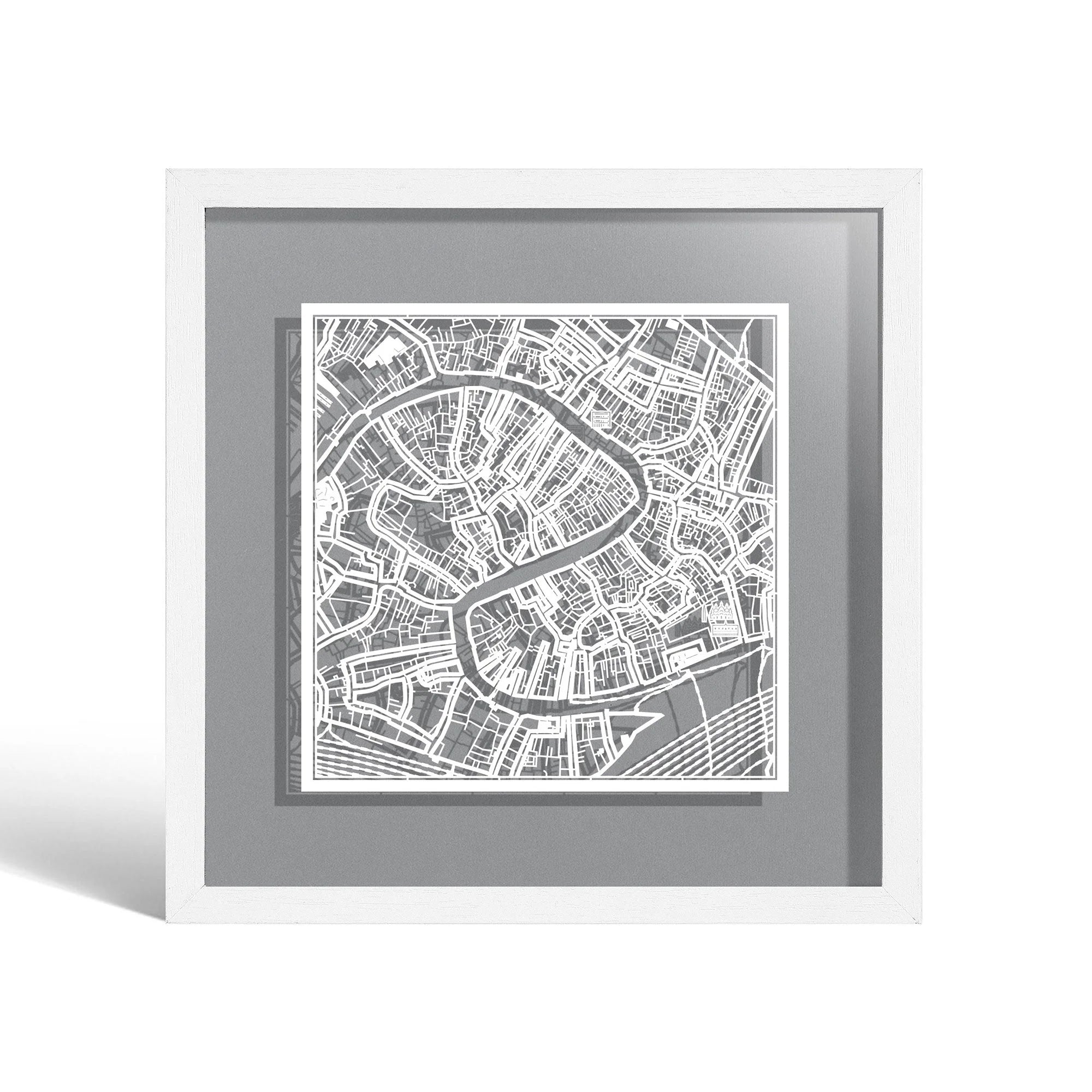 o3designstudio Venice Paper cut map framed 9 inch White map White frame map art 22MF3033WW