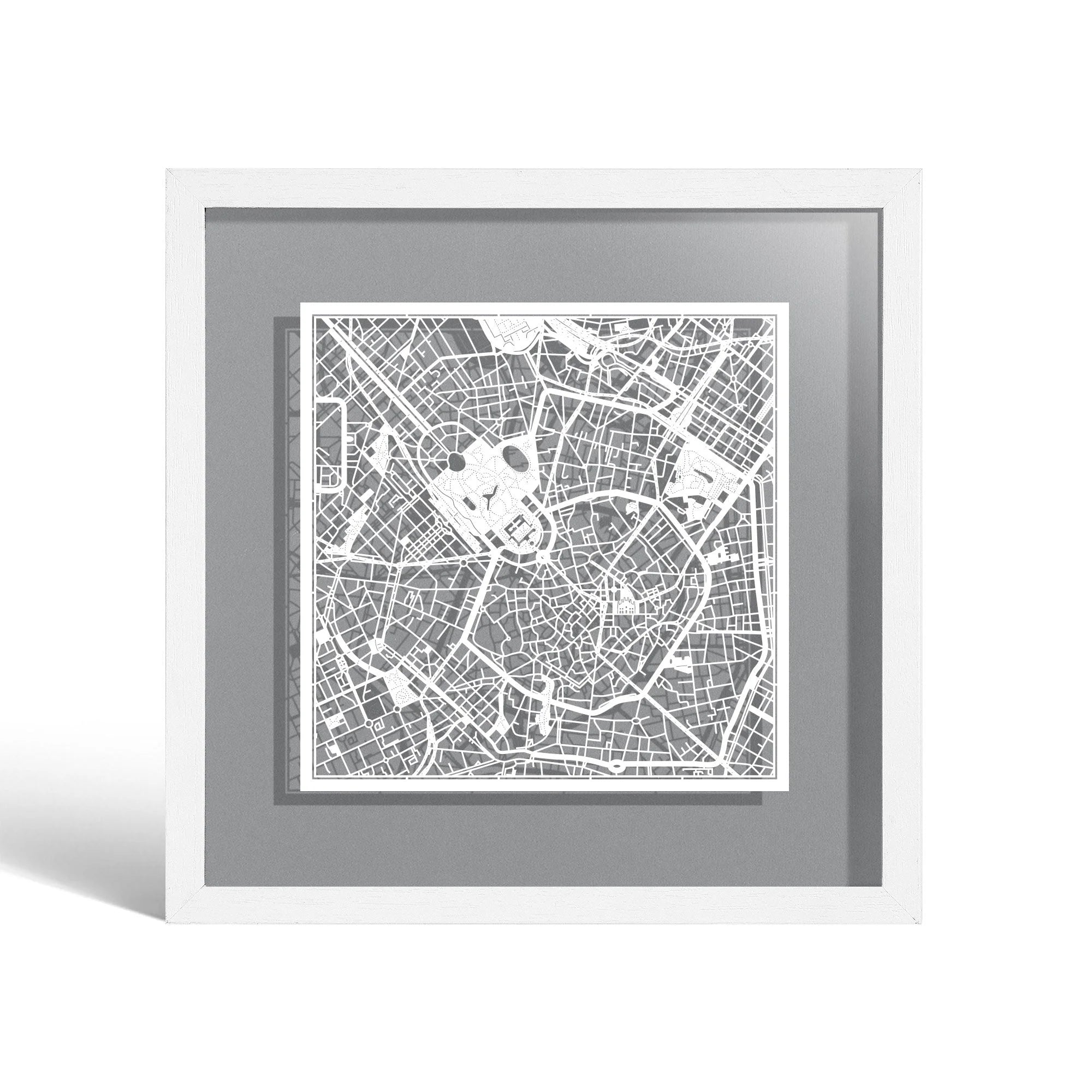 o3designstudio Milan Paper cut map framed 9 inch White map White frame map art 22MF3009WW