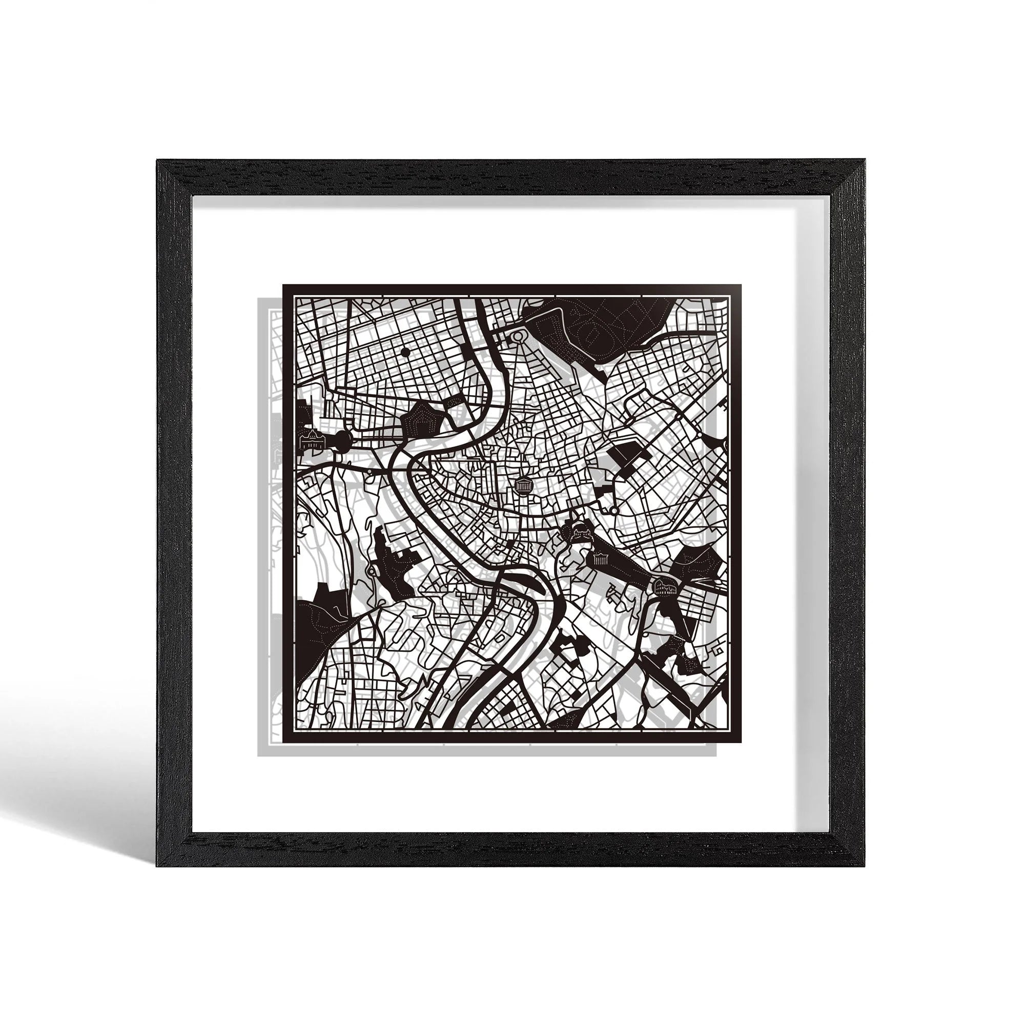 o3designstudio Rome Paper cut map framed 9 inch Black map Black frame map art 22MF3007BB