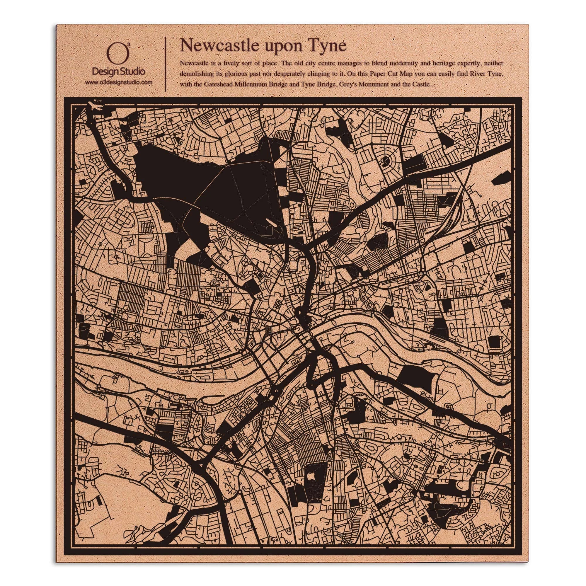 o3designstudio paper cut map Newcastle upon Tyne Black map art MU3060B