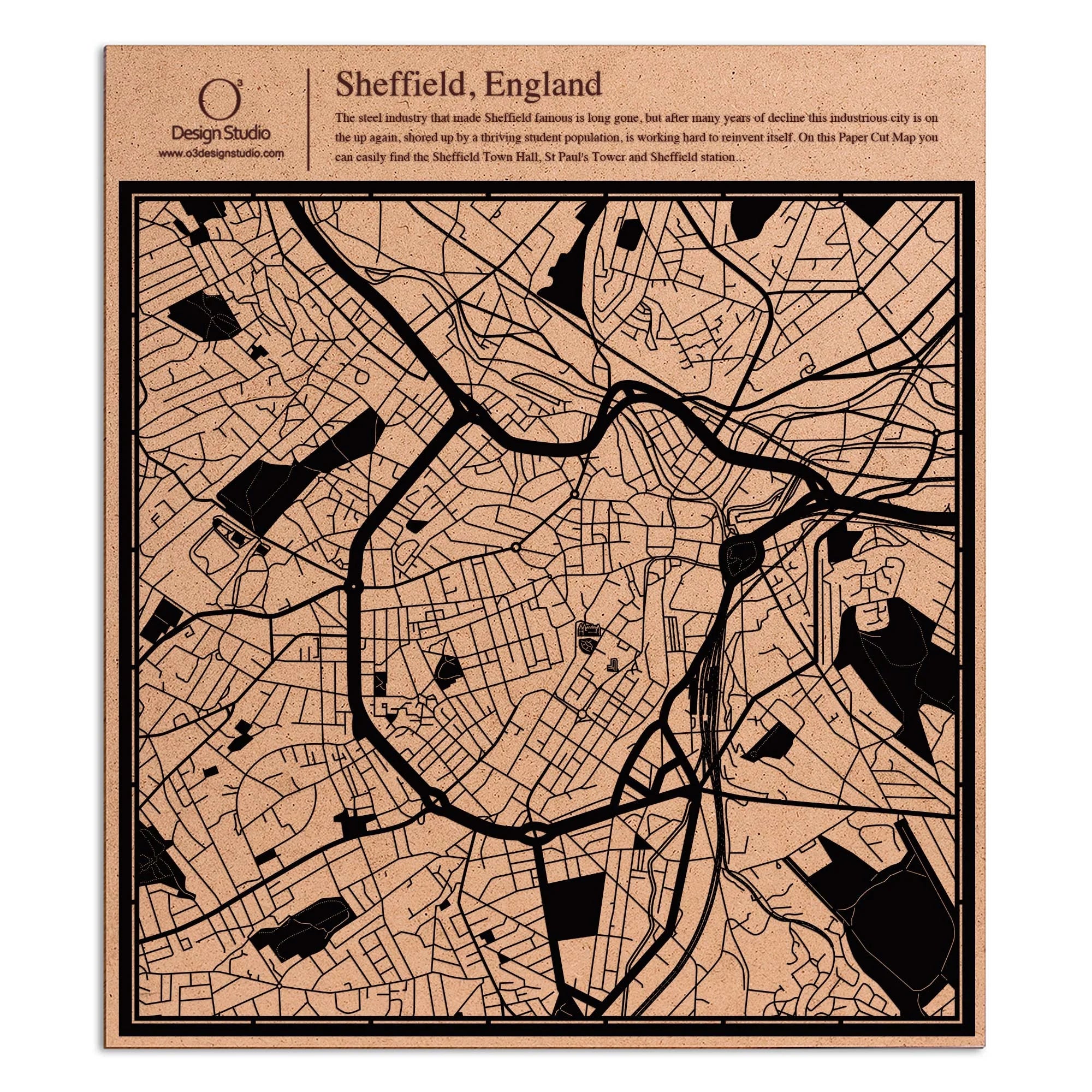 o3designstudio paper cut map Sheffield Black map art MU3053B