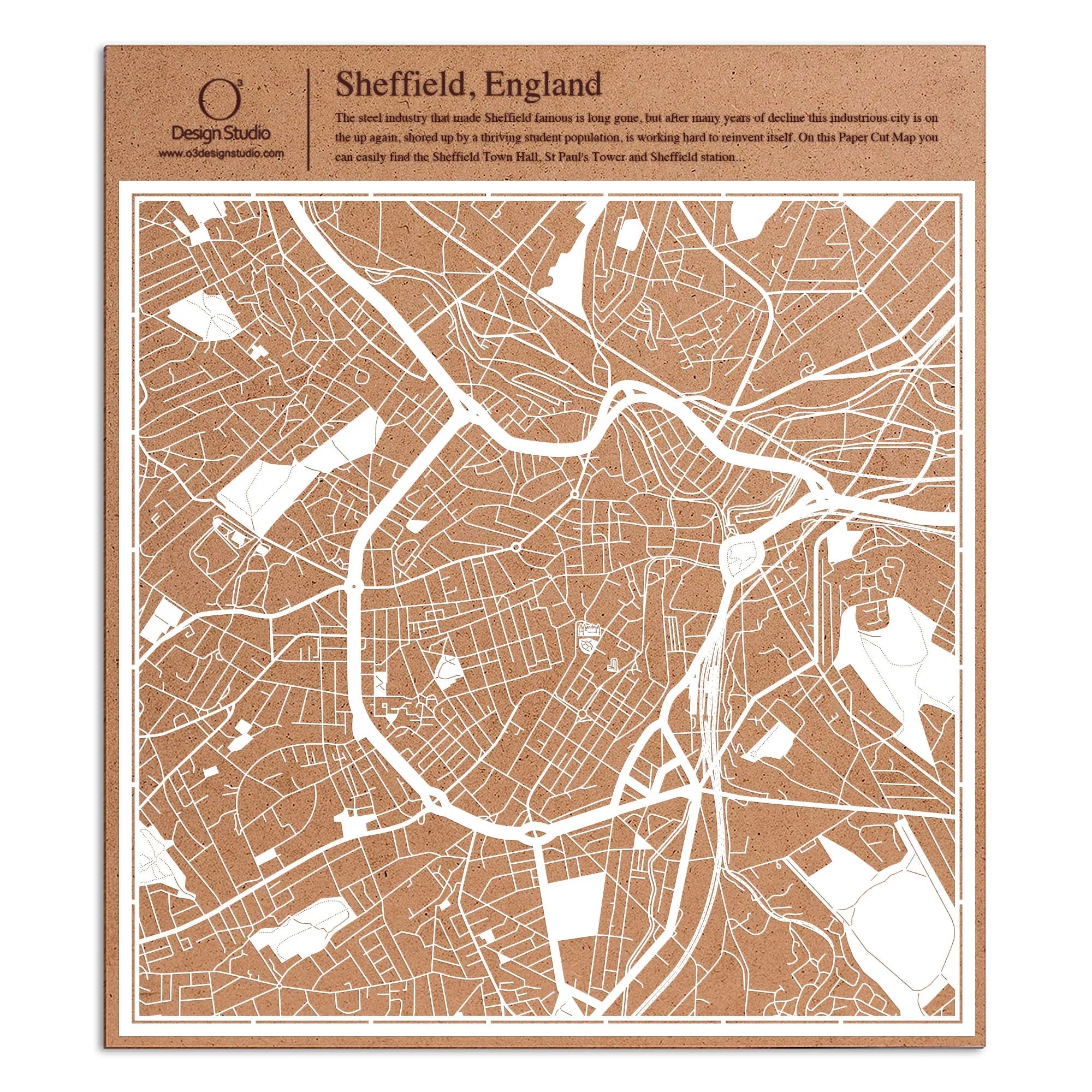 o3designstudio paper cut map Sheffield White map art MU3053W