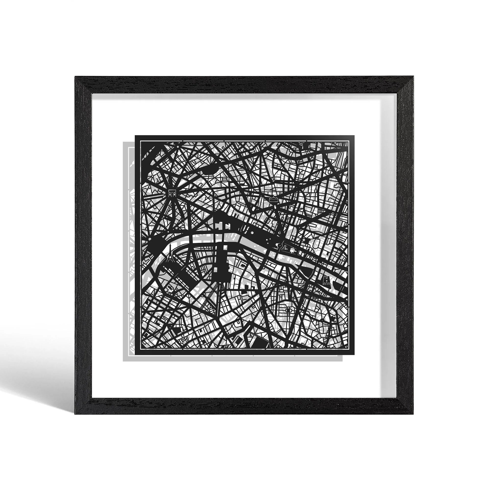 o3designstudio Paris Paper cut map framed 9 inch Black map Black frame map art 22MF3002BB