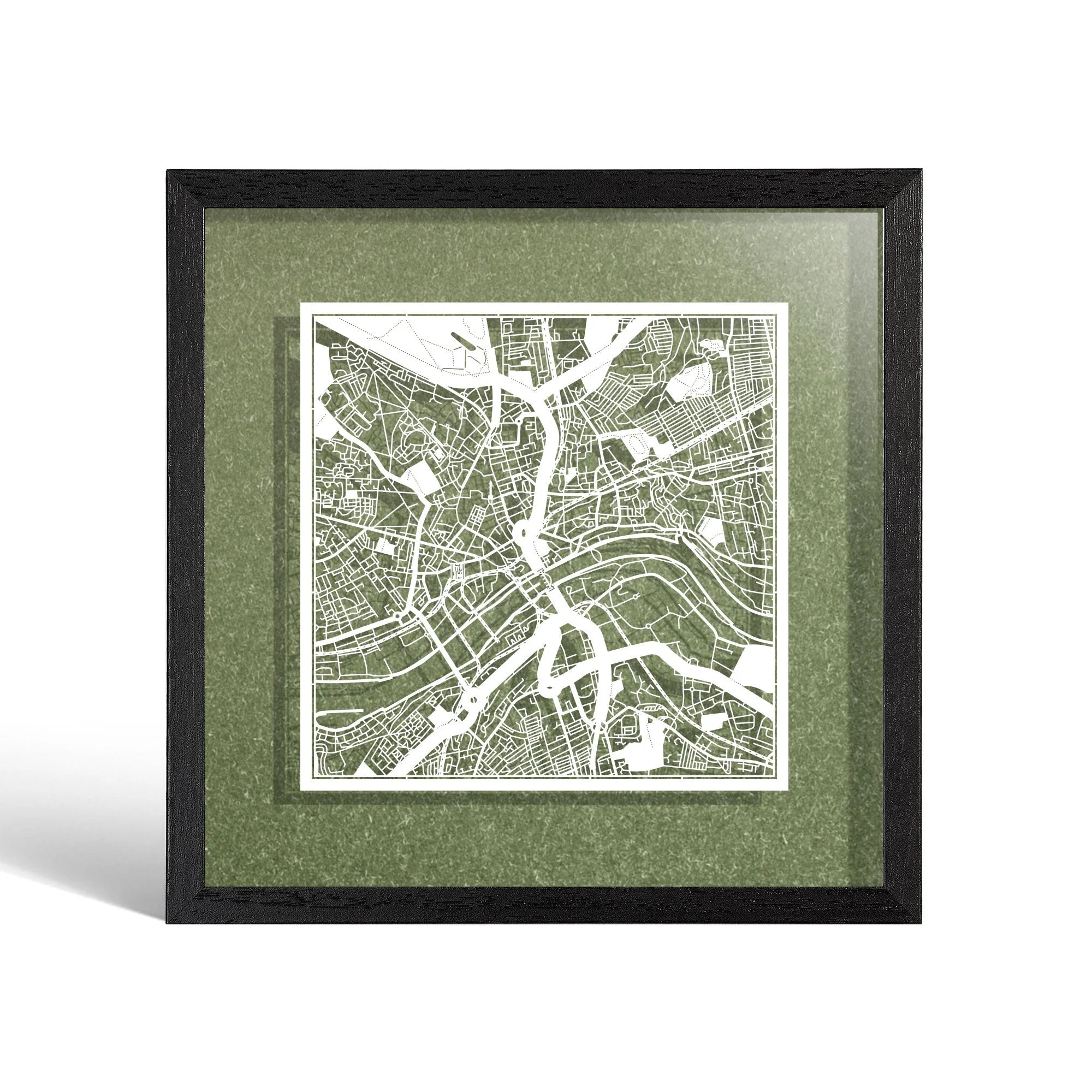 o3designstudio Newcastle upon Tyne Paper cut map framed 9 inch White map Black frame map art 22MF3060BW