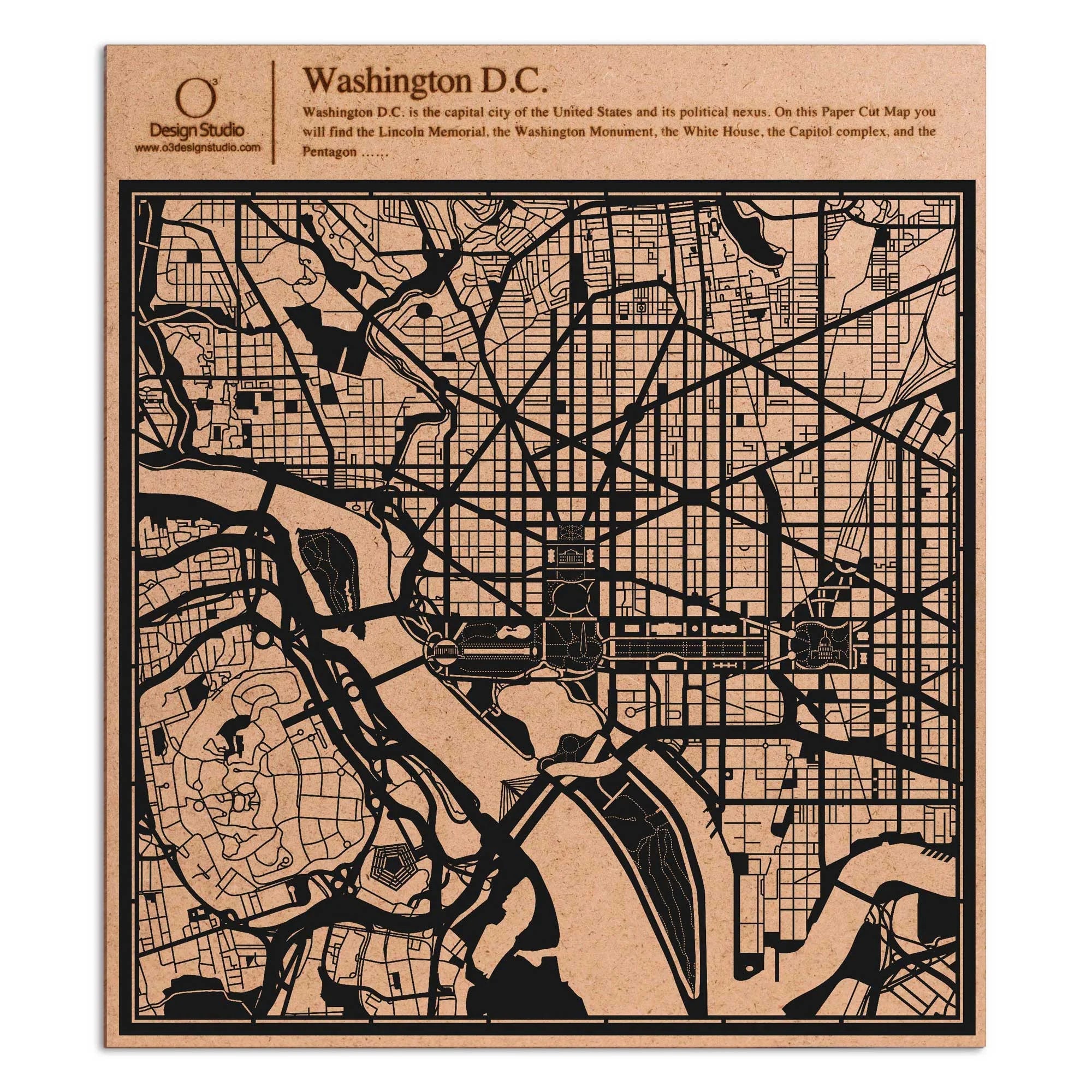 o3designstudio paper cut map Washington D.C. Black map art MU2009B