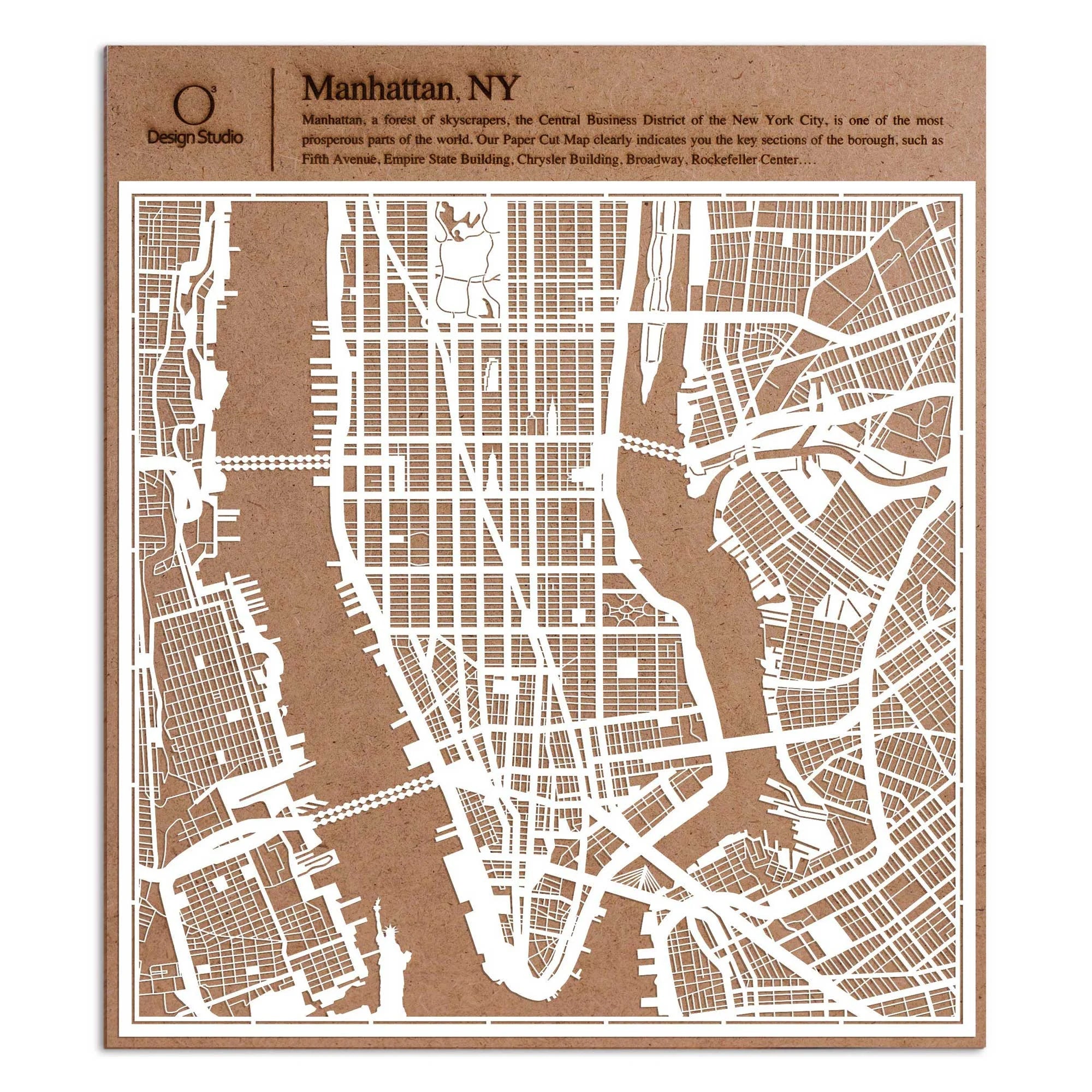 o3designstudio paper cut map Manhattan NY. White map art MU2002W