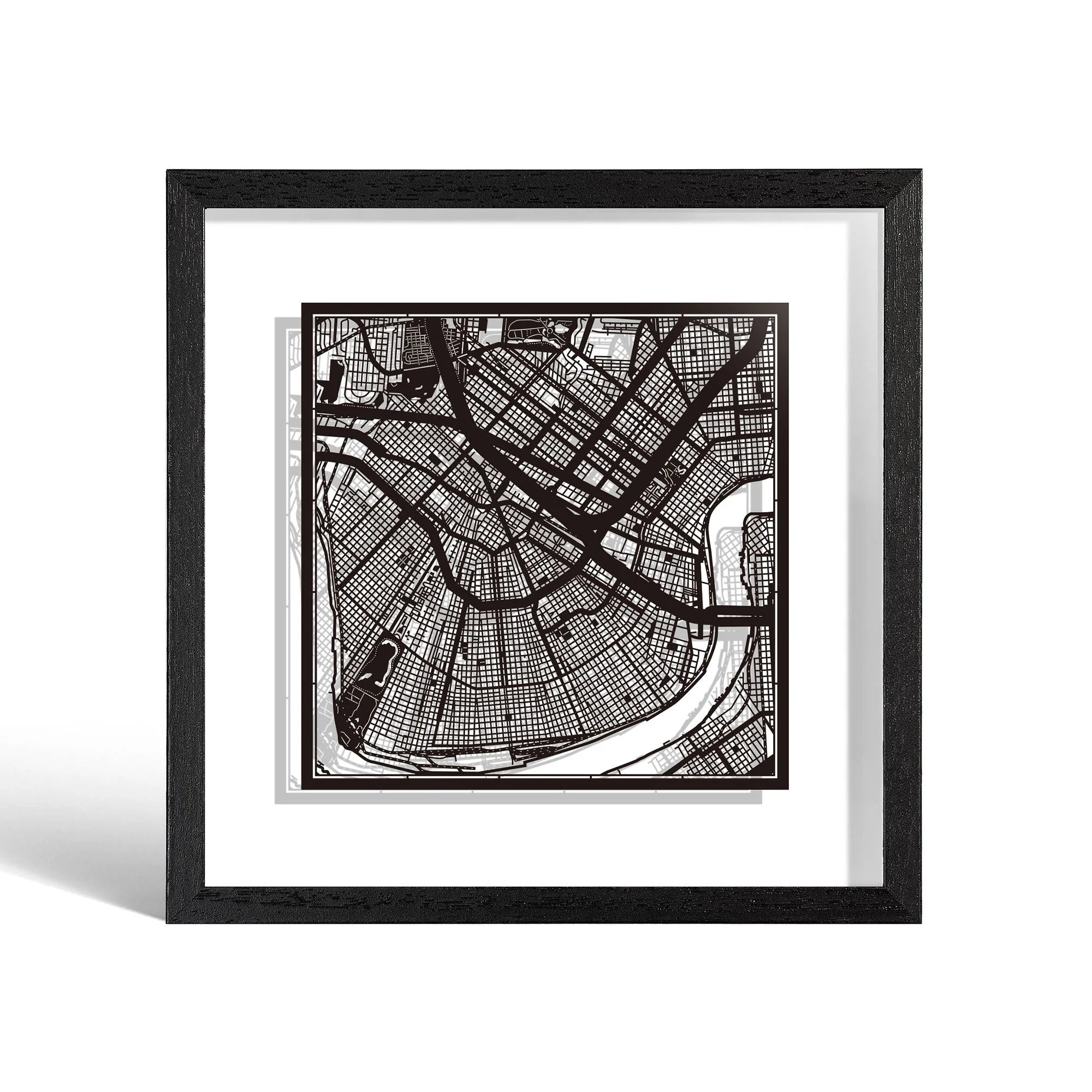 o3designstudio New Orleans Paper cut map framed 9 inch Black map Black frame map art 22MF2022BB
