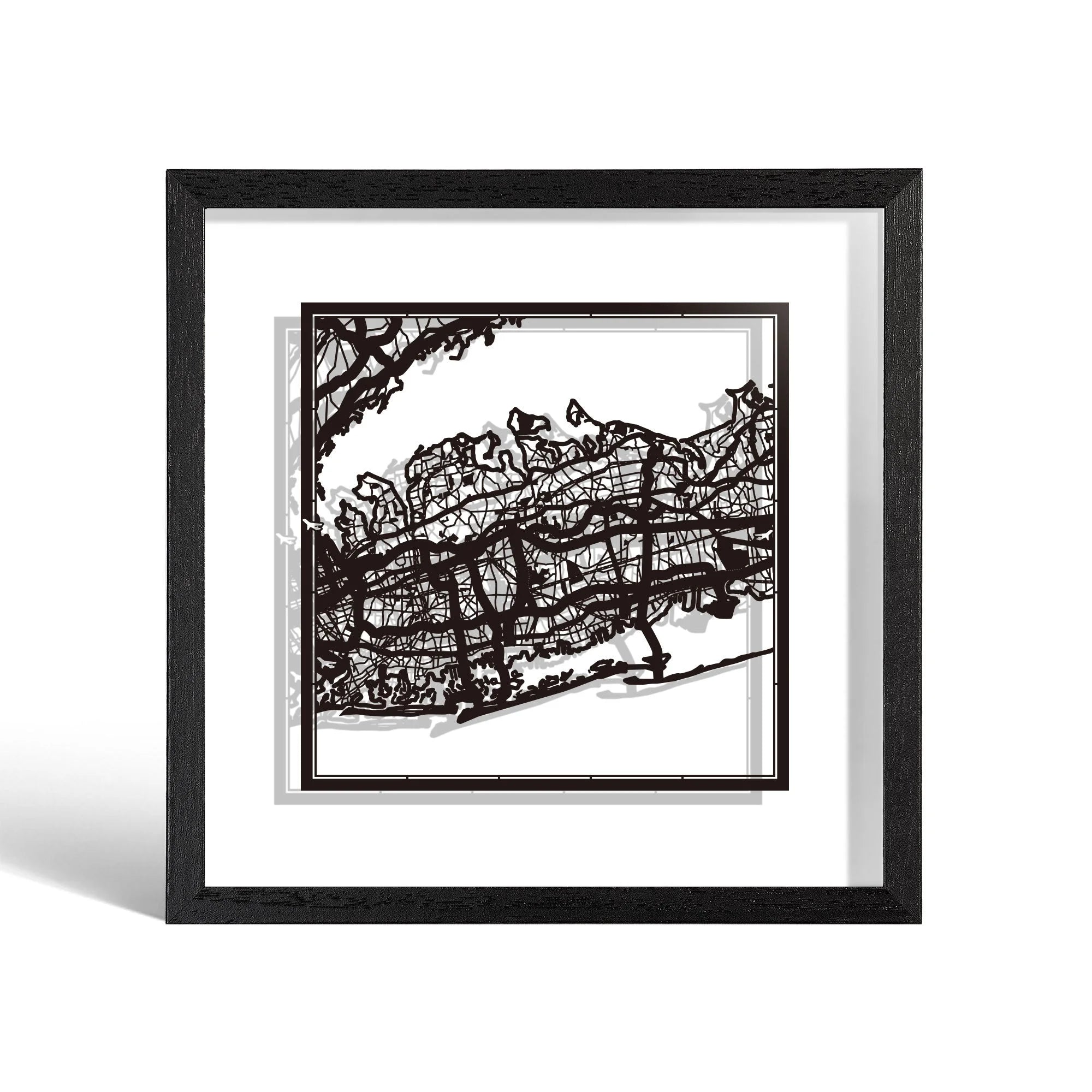 o3designstudio Long Island Paper cut map framed 9 inch Black map Black frame map art 22MF2029BB