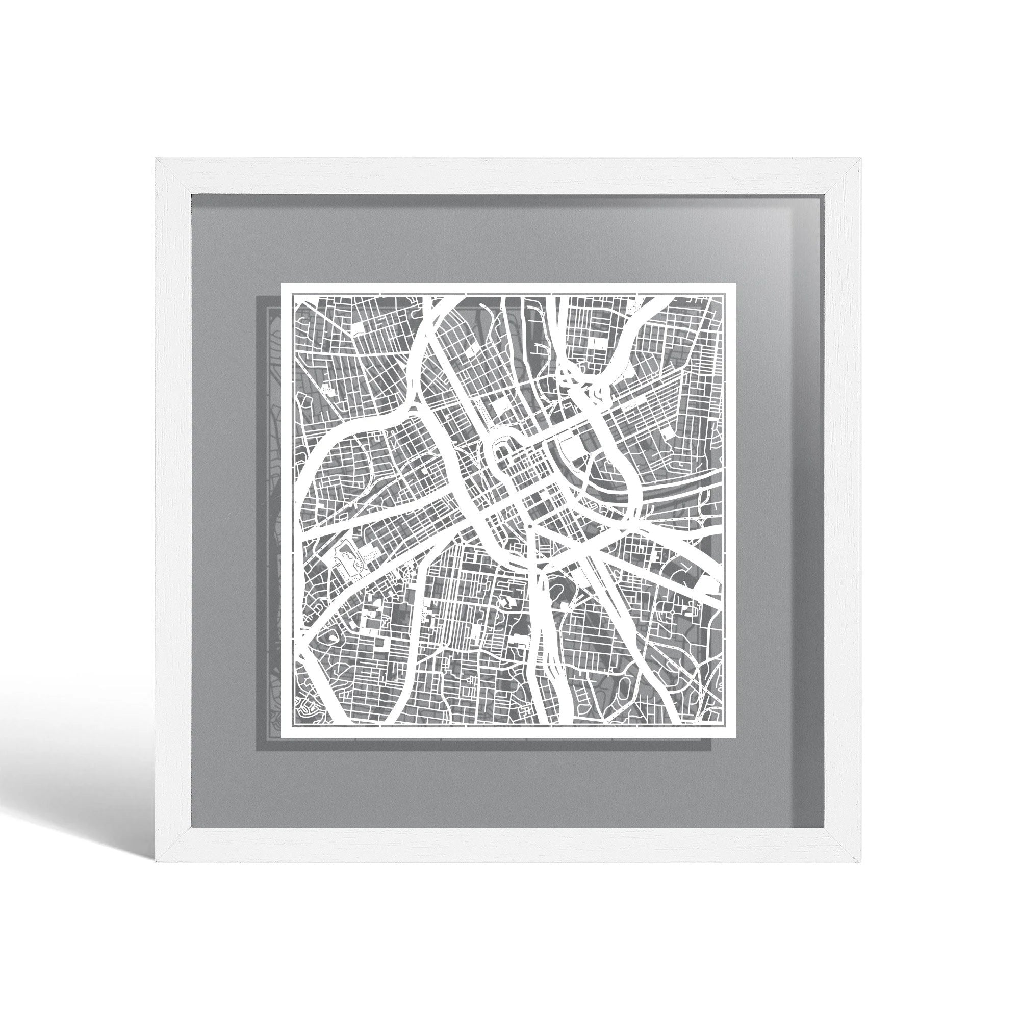 o3designstudio Nashville, TN Paper cut map framed 9 inch White map White frame map art 22MF2039WW