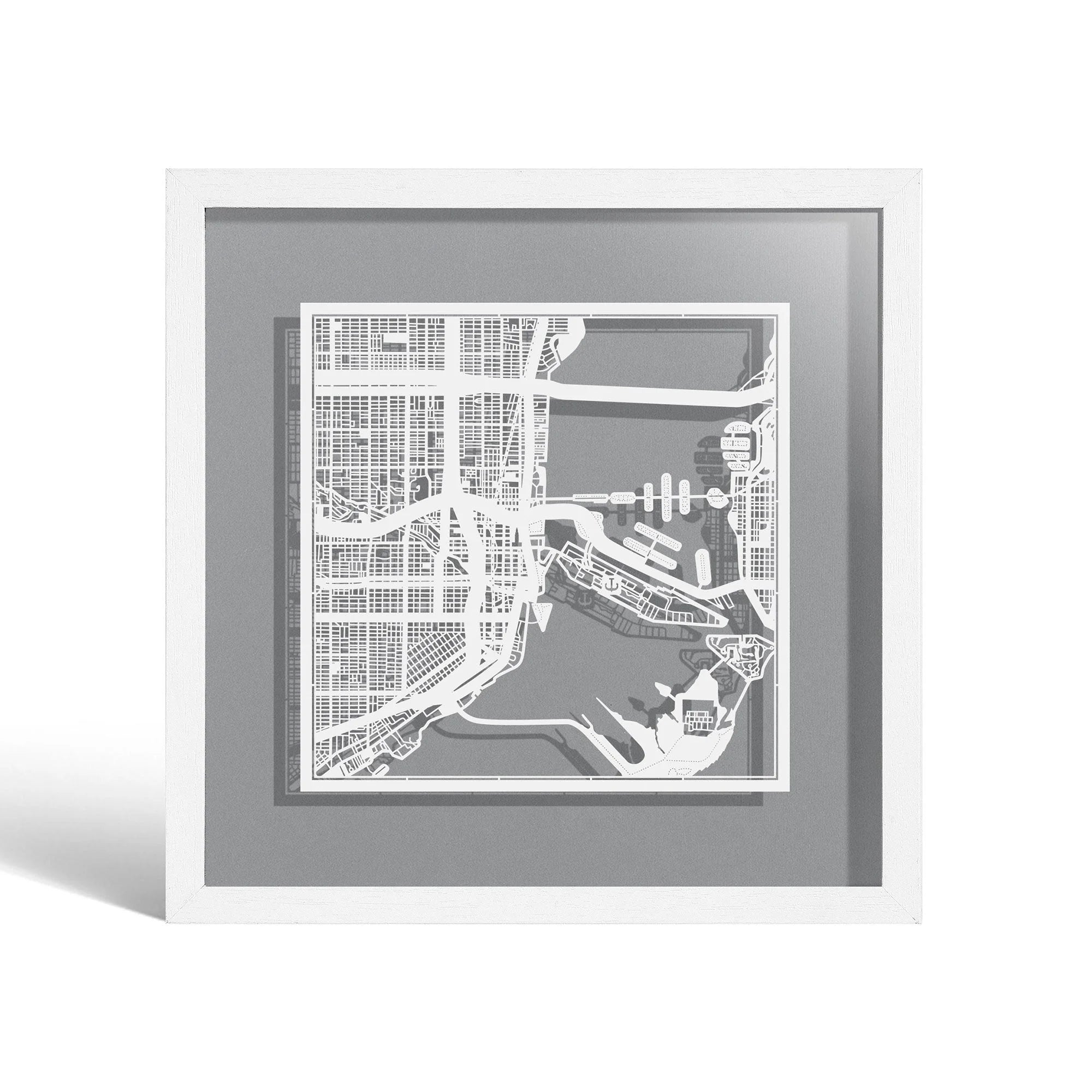 o3designstudio Miami Paper cut map framed 9 inch White map White frame map art 22MF2016WW