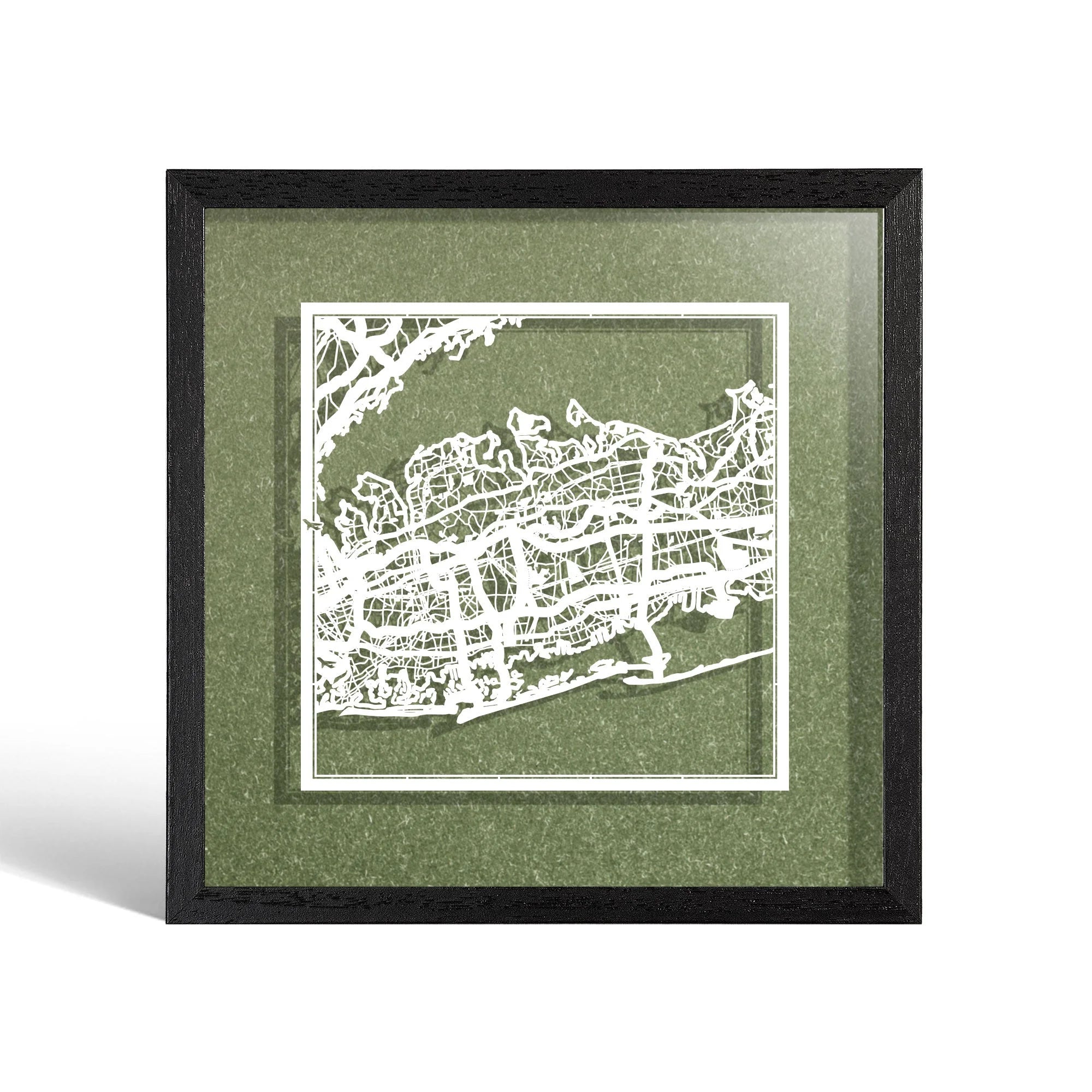 o3designstudio Long Island Paper cut map framed 9 inch White map Black frame map art 22MF2029BW