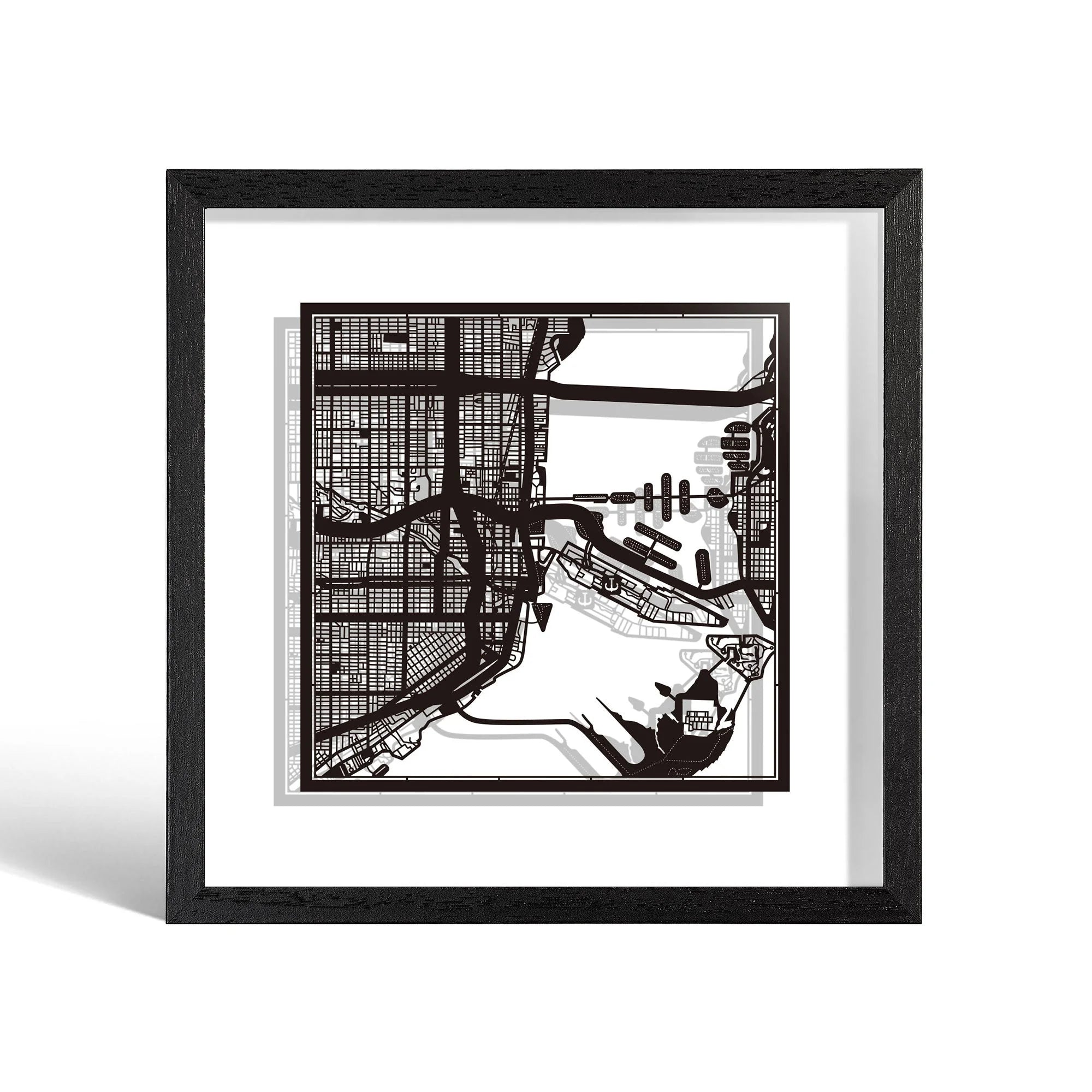 o3designstudio Miami Paper cut map framed 9 inch Black map Black frame map art 22MF2016BB