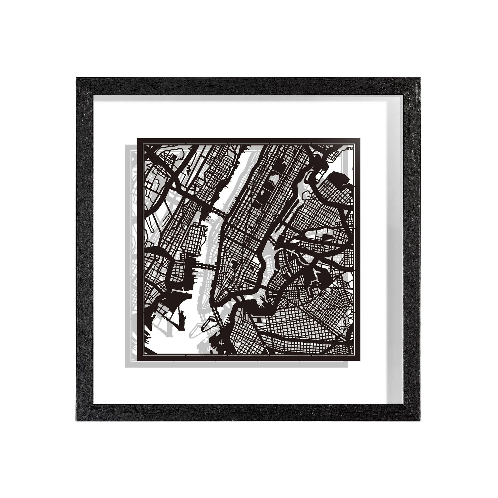 o3designstudio New York Paper cut map framed 9 inch Black map Black frame map art 22MF2001BB
