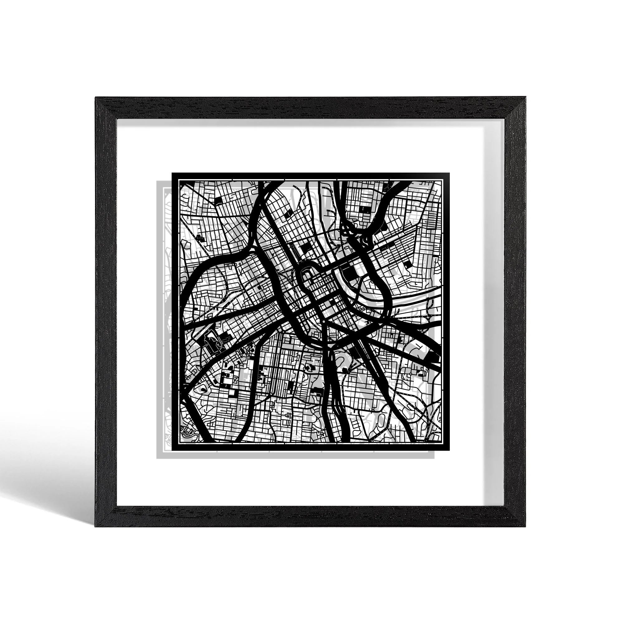 o3designstudio Nashville, TN Paper cut map framed 9 inch Black map Black frame map art 22MF2039BB