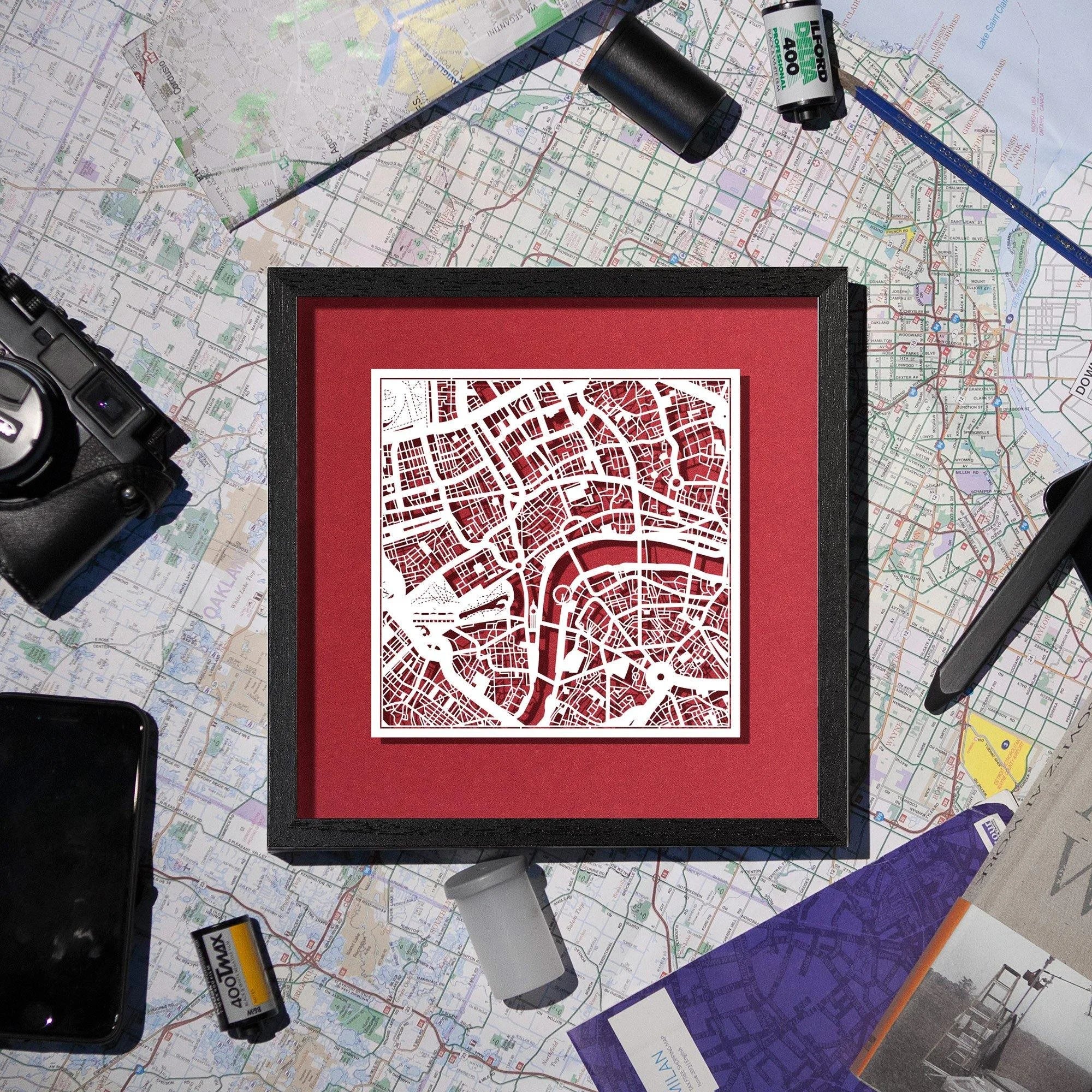 o3designstudio Paper cut map framed 9 in White map White frame map art Scenes 