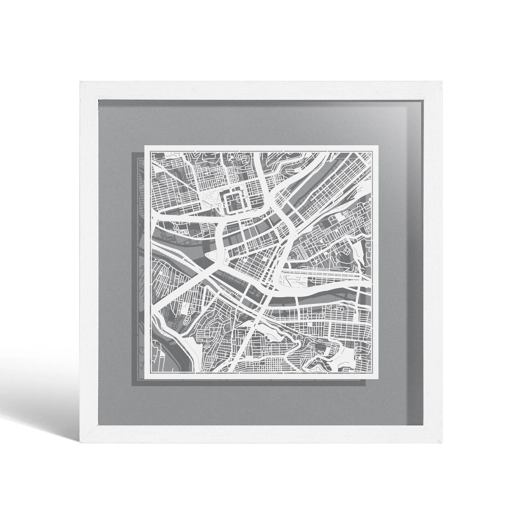 o3designstudio Pittsburgh Paper cut map framed 9 inch White map White frame map art 22MF2028WW