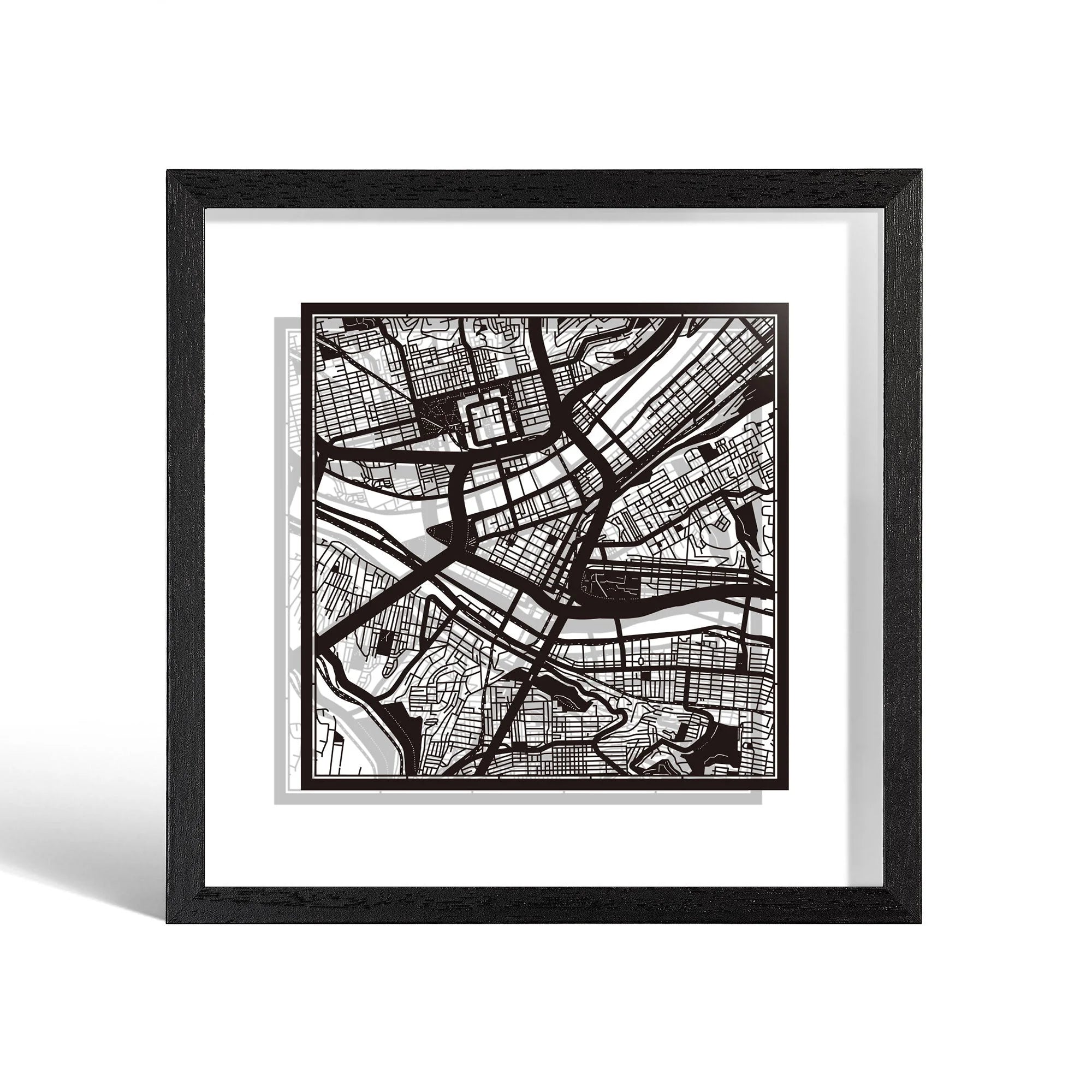 o3designstudio Pittsburgh Paper cut map framed 9 inch Black map Black frame map art 22MF2028BB